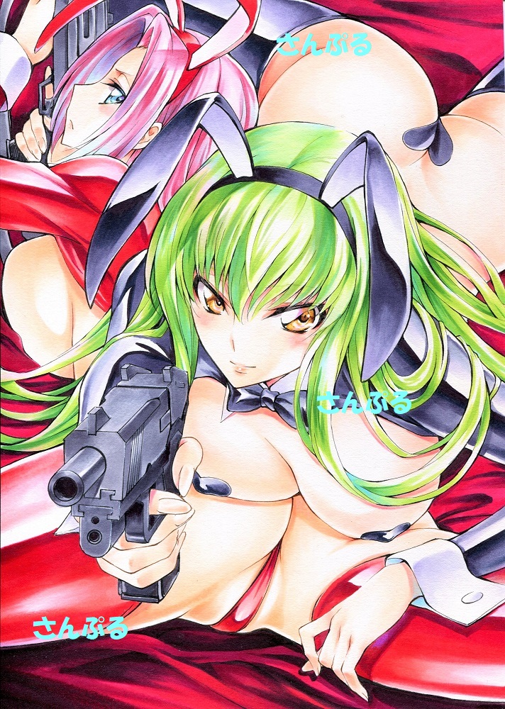 2girls animal_ears ass ass_cleavage bed_sheet black_hairband bow bowtie breast_press breasts butt_crack c.c. cleavage closed_mouth code_geass detached_collar fake_animal_ears female female_only frown green_hair grey_bow grey_bowtie grey_legwear gun hair_intakes hairband handgun holding holding_gun holding_weapon kallen_stadtfeld large_breasts long_hair long_sleeves looking_at_viewer looking_back marker_(medium) multiple_girls panties pink_hair rabbit_ears red_hairband red_legwear red_panties sample_watermark shiny shiny_hair short_hair shrug_(clothing) sideboob smile spread_legs thighhighs traditional_media underwear very_long_hair weapon yqgkg