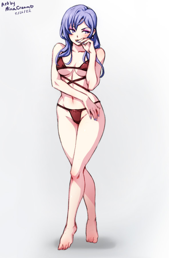 1girls artist_name bare_legs bare_shoulders barefoot bra breasts collarbone dated eyeshadow female female_only fire_emblem fire_emblem:_three_houses genderswap_(mtf) grey_background legs makeup medium_breasts medium_hair minacream nail_polish nintendo panties purple_eyes purple_hair purple_nails red_panties rule_63 shoulders smile solo underboob underwear yuri_leclerc