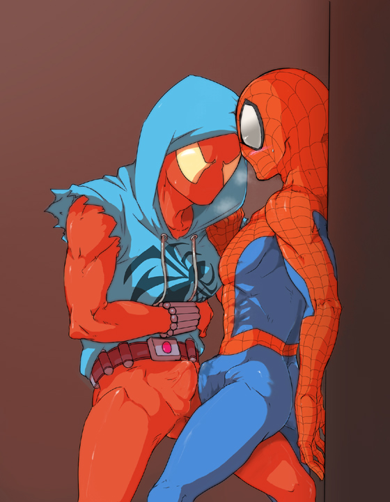 2boys artist_request ben_reilly bodysuit bodysuit_under_clothes clothing erect erect_penis erection erection_under_clothes gay male male_only marvel multiple_males peter_parker scarlet_spider spandex spider-man spider-man_(series) visible_penis_shape yaoi