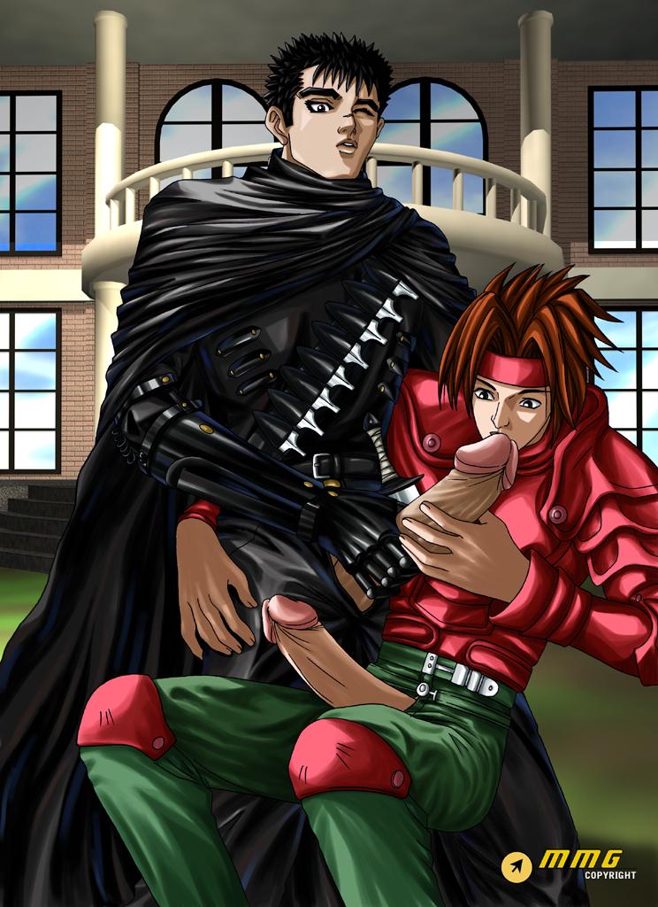 2boys arm_around_waist bandolier berserk black_clothes black_hair blowjob brown_hair cape clothed_sex cock_hungry cum_hungry dagger erection fellatio gay gloves green_pants guts_(berserk) headband holding_penis huge_cock imminent_fellatio imminent_penetration knee_pads large_penis male male_only mmario_grant mmg one_eye_closed oral_sex out_of_fly pants_open penis_out penis_size_difference red_shirt retracted_foreskin scar_across_nose spiky_hair tagme weapon yaoi