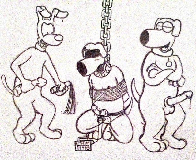 brain_(inspector_gadget) brian_griffin crossover family_guy inspector_gadget jasper_(family_guy) male_only monochrome penis smooth_fur traditional_media_(artwork)