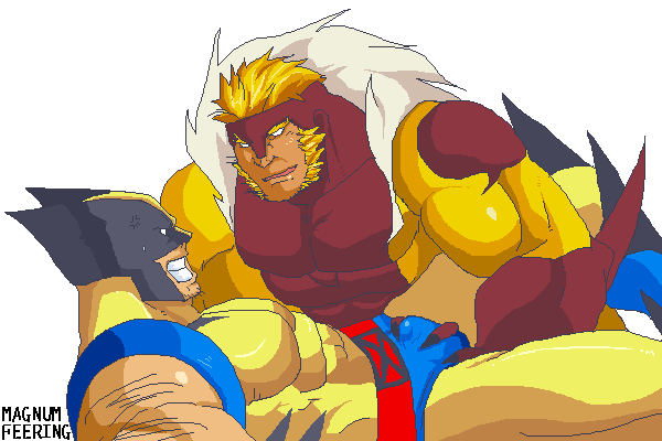 2boys angry_face briefs bulge bulge_fondling bulge_grab clenched_teeth clothed colored costume eye_contact flaccid gay james_howlett magnum_feering male male_only marvel mutant open_mouth sabretooth sharp_nails superhero victor_creed wolverine_(x-men) x-men yaoi