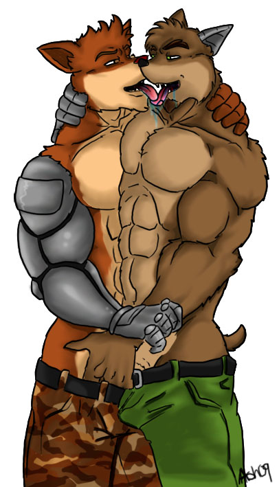 2boys artist_request belt black_belt black_nose blank_background brown_fur brown_shorts crash_(series) crash_bandicoot_(series) crunch_bandicoot erect erection erection_under_clothes fangs fur furry furry_only gay green_eyes green_pants green_shorts kiss kissing male male/male male_only military military_pants no_humans oc original_character red_fur robotic_arm shorts signature simple_background tagme tagme_(artist) teeth tongue tongue_out unknown_artist white_background yaoi