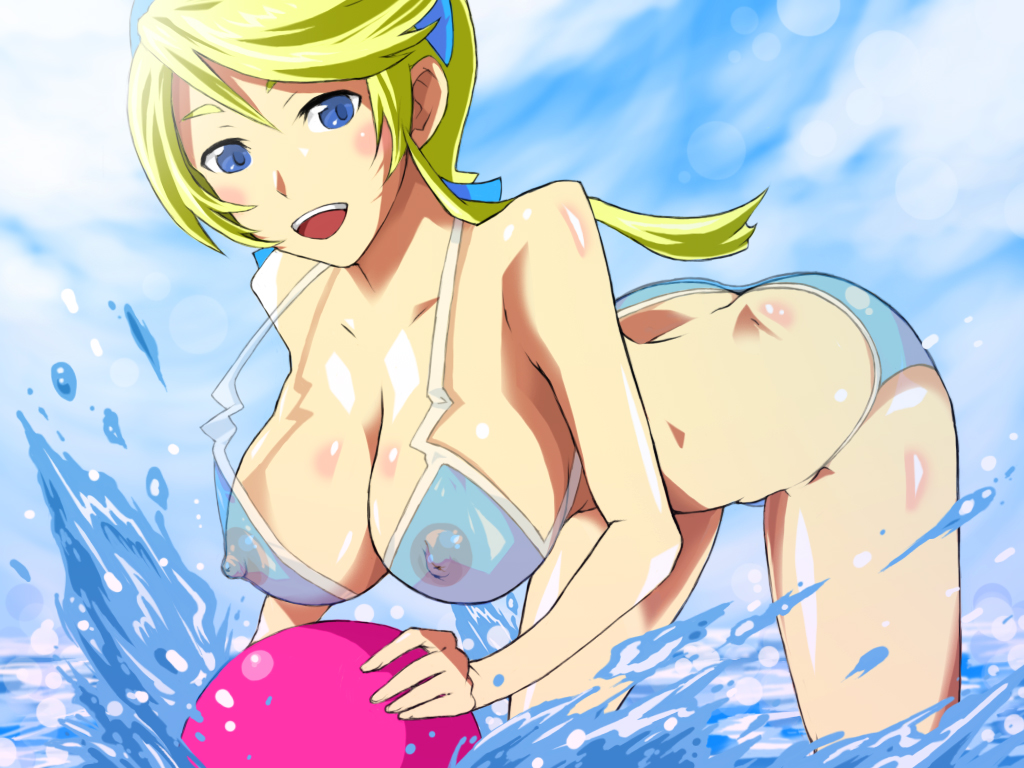 blue_eyes breasts heroman lina_davis nipples open_mouth see-through_bikini tagme yellow_hair