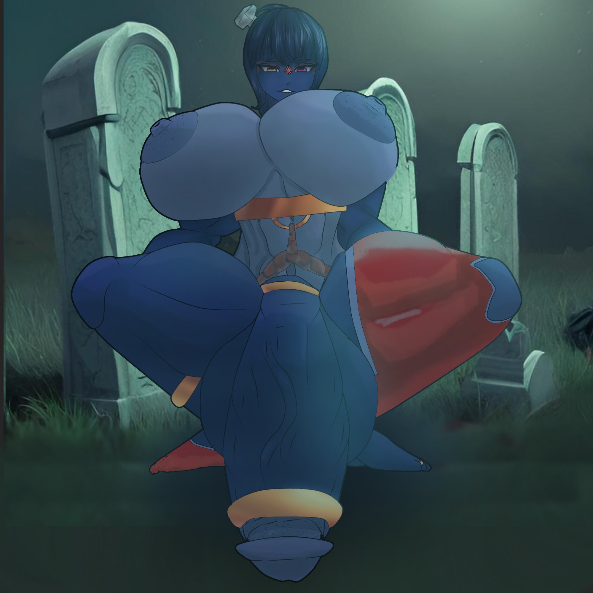 1futa, 2023, areolae, balls, bangs, blue hair, blue skin, breasts, cock ring, commission, detailed background, erection, futa only, futanari, gigantic balls, gigantic breasts, gigantic penis, gigantic testicles, graveyard, heterochromia, hi res, huge balls, huge breasts, humanoid, humanoid penis, hyper, hyper penis, intersex, jewelry, long hair, looking at viewer, low-angle view, muscular, muscular futa, nipples, nude, original, penis, red eyes, self upload, solo, spread legs, squatting, testicles, the osmo, thick thighs, yellow eyes