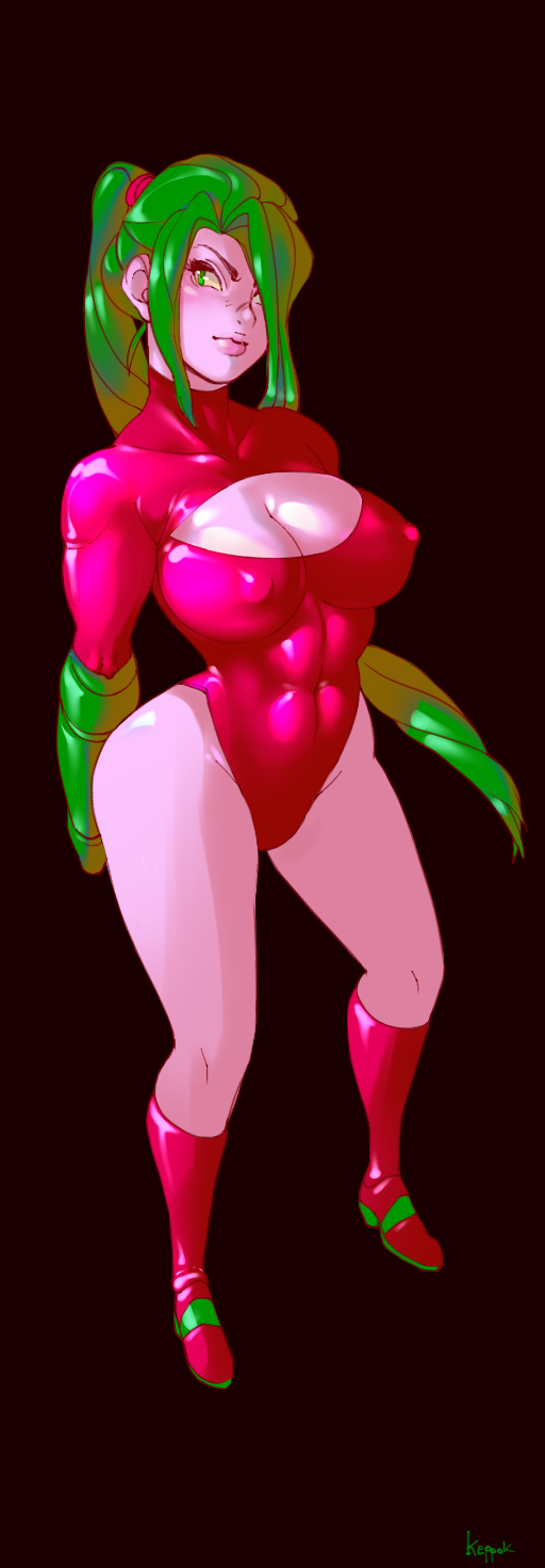 1girls abs arm_cannon boots breasts cleavage cleavage_cutout erect_nipples female female_only green_eyes green_hair hair_over_one_eye human justin_bailey keppok large_breasts leotard metroid nintendo nipples ponytail samus_aran simple_background solo standing text tied_hair very_long_hair