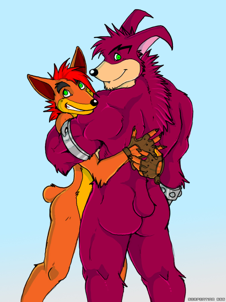 00s 2008 2boys anthro arody ass back bandicoot big_brother black_eyebrows black_nose brothers butt clenched_teeth color crash_(series) crash_bandicoot crash_bandicoot_(series) crunch_bandicoot dark_red_fur ears ears_up fingerless_gloves fur furry furry_only gay gloves green_eyes grin hugging light_green_eyes little_brother male male/male male_only mammal marsupial multiple_males muscular muscular_arms muscular_ass muscular_back muscular_legs muscular_male mutant-serpentina mutant_serpentina no_humans orange_hair red_fur red_hair robotic_arm simple_background tail tan_fur video_games watermark yaoi