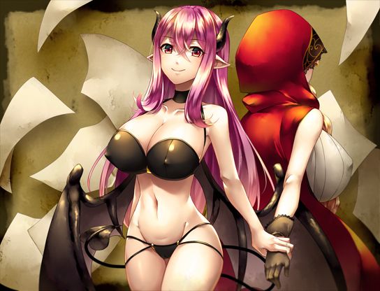 2girls big_breasts breasts circussion eyebrows_visible_through_hair horn looking_at_viewer lust_grimm multiple_girls navel pink_hair pointy_ears tail wings