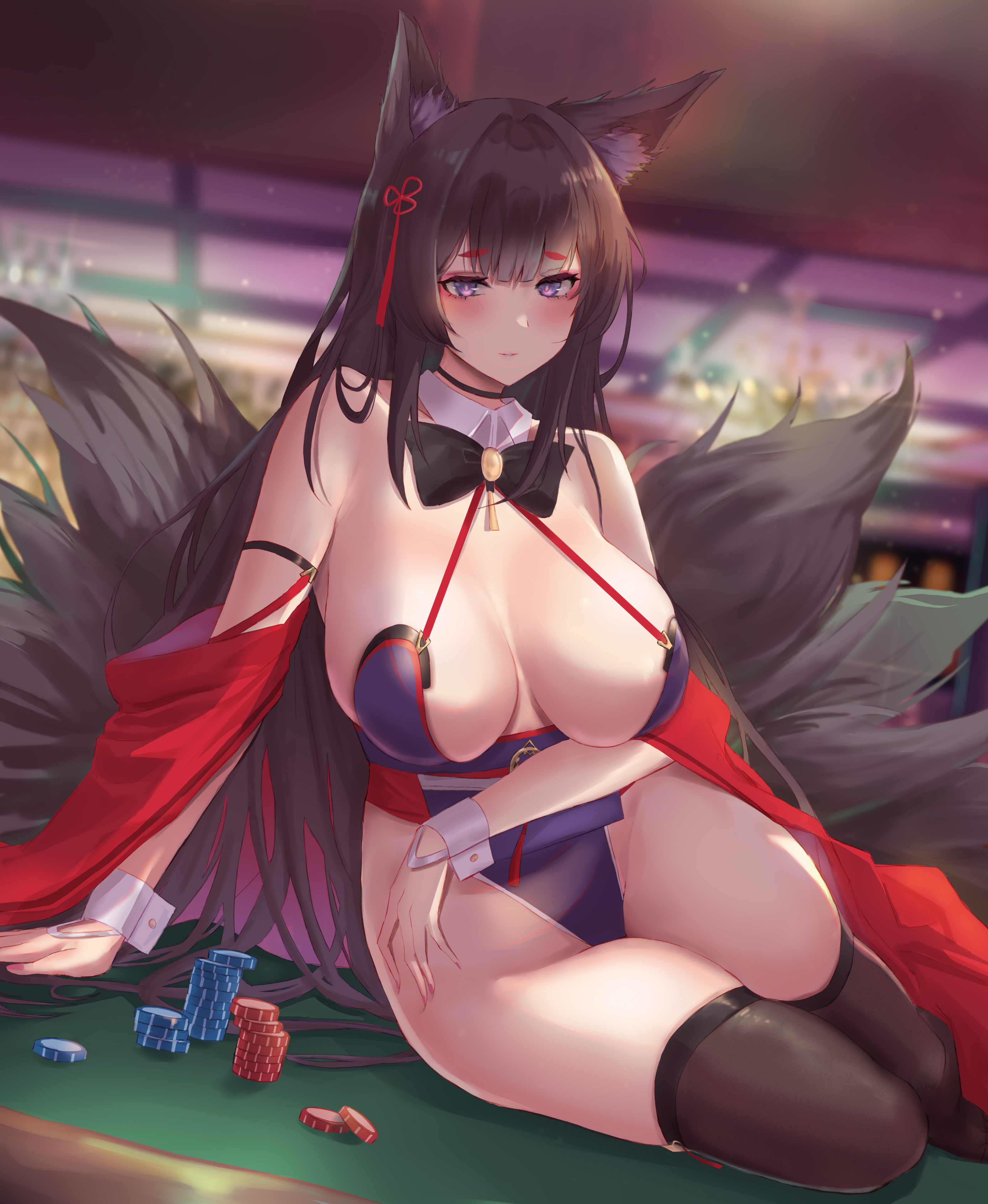 absurdres, amagi (azur lane), animal ears, azur lane, bare shoulders, black hair, black thighhighs, blush, bow, bowtie, breasts, cleavage, closed mouth, commentary request, detached collar, detached sleeves, female, fox ears, fox girl, fox tail, hair ornament, highleg, highleg leotard, highres, kitsune, large breasts, leotard, multi tail, poker chip, purple eyes, purple leotard, satou aji, sideboob, solo, tail, tails, thighhighs, thighs, wrist cuffs