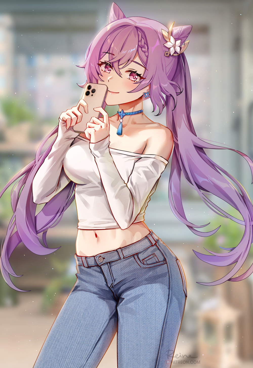 1girls, 2022, alternate version available, artist signature, belly button, blurry background, breasts, casual clothes, female, female only, foxy rain (foxyreine), foxyrain (foxyreine), foxyreine, genshin impact, hips, holding object, jeans, keqing (genshin impact), long hair, looking at viewer, medium breasts, midriff, phone, purple eyes, purple hair, slim waist, smile, thighs, twintails