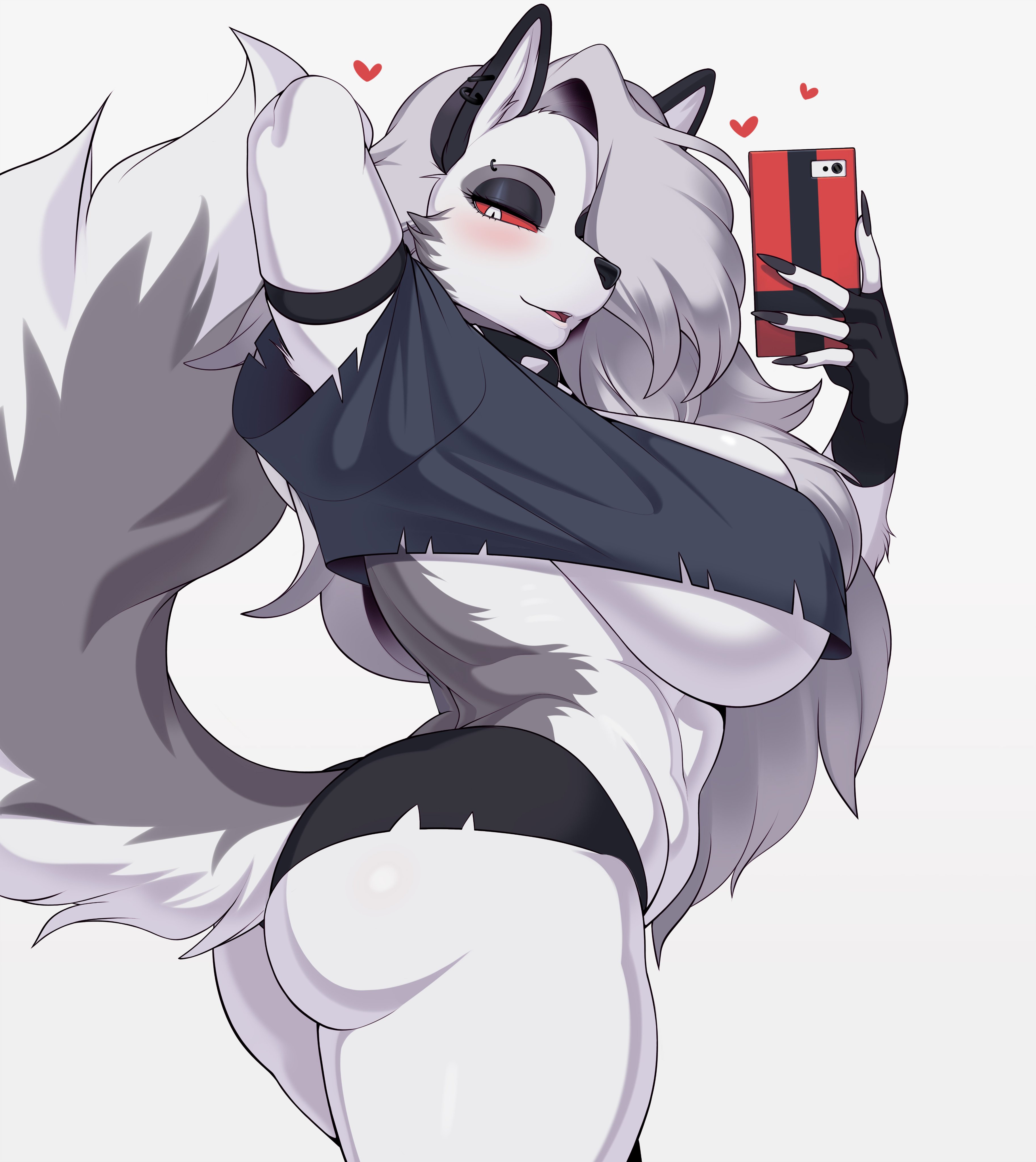 ass, big ass, big breasts, big butt, black nails, breasts, cervina7 (artist), colored nails, female, hellhound, helluva boss, holding phone, huge breasts, looking at viewer, loona (helluva boss), tail, white fur, white hair