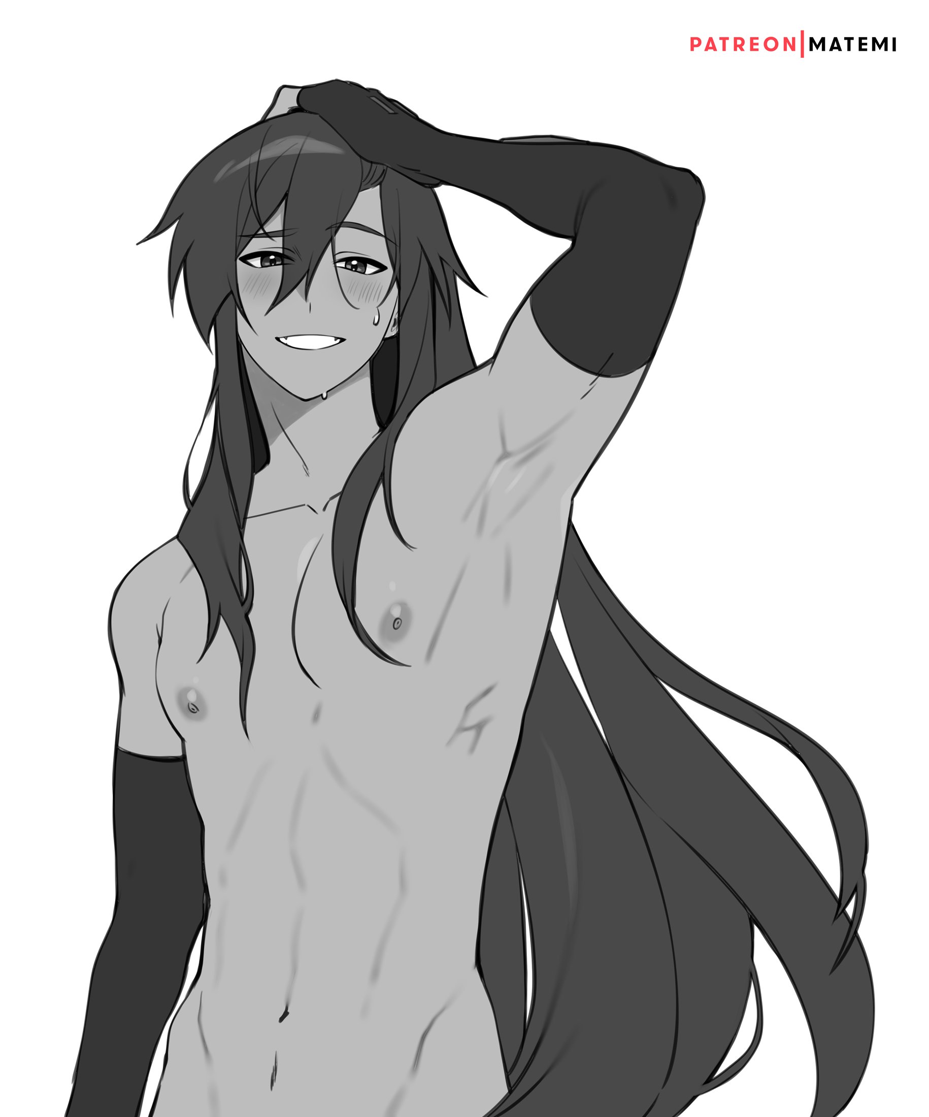 1boy, abs, arm up, armpit, armpits, arms up, armwear, artist name, belly, belly button, black and white, blush, crossdressing, crossdressing (mtf), crossdressing male, cute, elbow gloves, femboy, feminine male, fit, fit male, gay, gay anal, gay male, gay sex, greyscale, homosexual, homosexual male, long gloves, long hair, long-haired male, male, male nipples, male penetrated, male/male, matemi, midriff, monochrome, navel, nipples, patreon username, smile, solo, solo male, sweat, sweating, sweaty, tummy, watermark