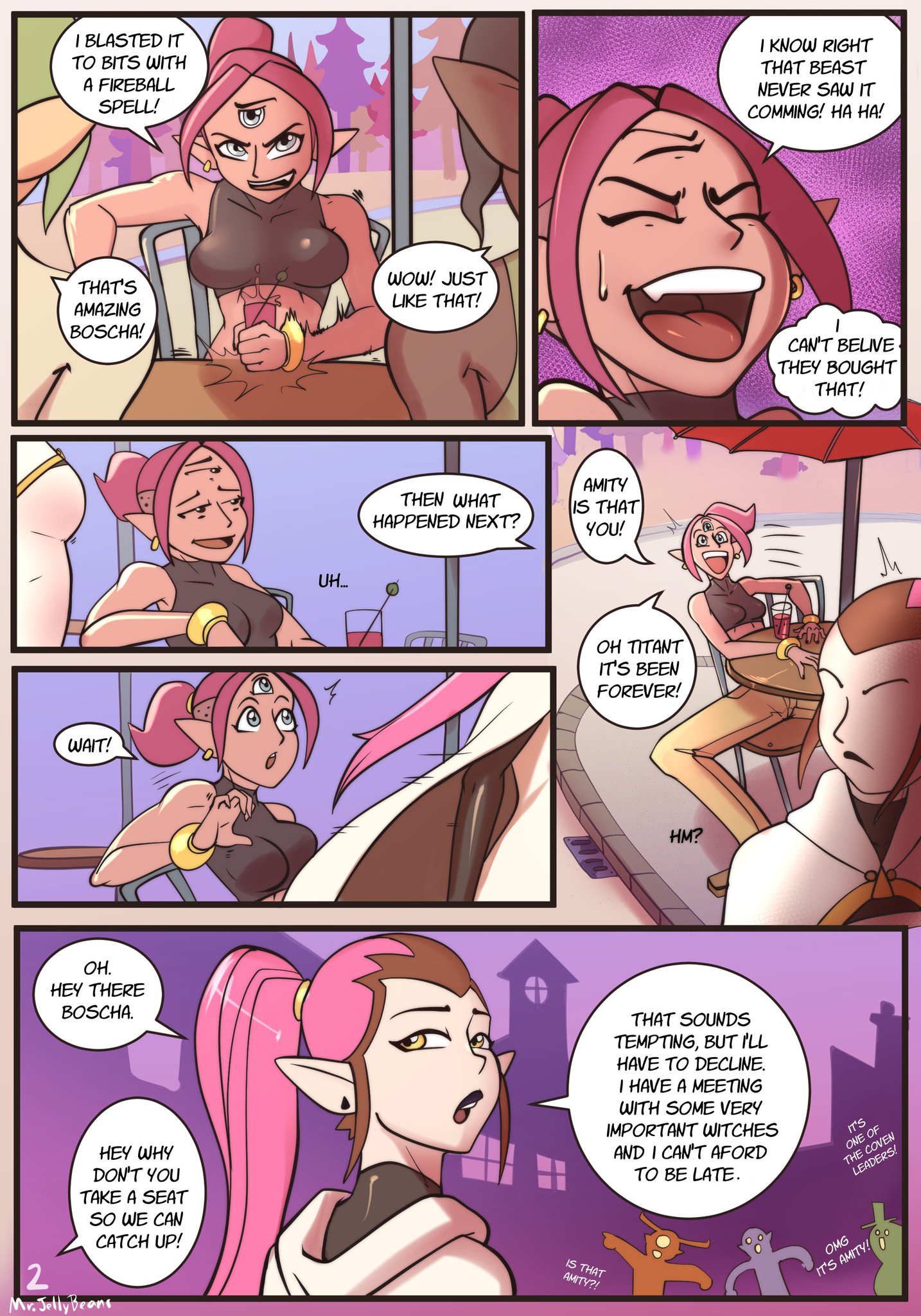 3 eyes, amelia (the owl house), amity blight, amity blight (beta), boscha, boschas initiation (comic), comic, comic page, disney, disney channel, english text, female, mr.jellybeans, multi eye, multiple females, multiple girls, skara, straight hair, text, the owl house