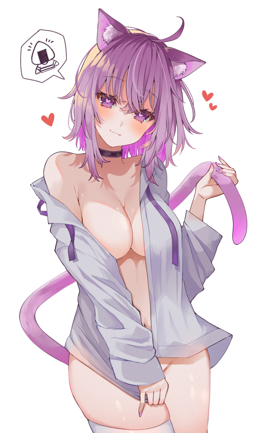 ahoge animal_ear_fluff animal_ears bangs black_choker blush breasts cat_ears cat_girl cat_tail choker closed_mouth cowboy_shot female grey_shirt heart heart-shaped_pupils highres holding_own_tail hololive hololive_gamers hololive_japan large_breasts long_sleeves looking_at_viewer medium_hair nail_polish naked_shirt navel nekomata_okayu onigirya_(nekomata_okayu) open_clothes open_shirt purple_eyes purple_hair purple_ribbon ribbon shirt simple_background solo spoken_character standing symbol-shaped_pupils tail thighhighs uo_illust virtual_youtuber white_background white_thighhighs