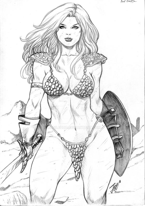 1girls black_and_white chainmail chainmail_bikini cleavage fit_female gloves holding_weapon joe_lima large_breasts loincloth long_hair red_sonja red_sonja_(comics) shield shoulder_armor thick_thighs