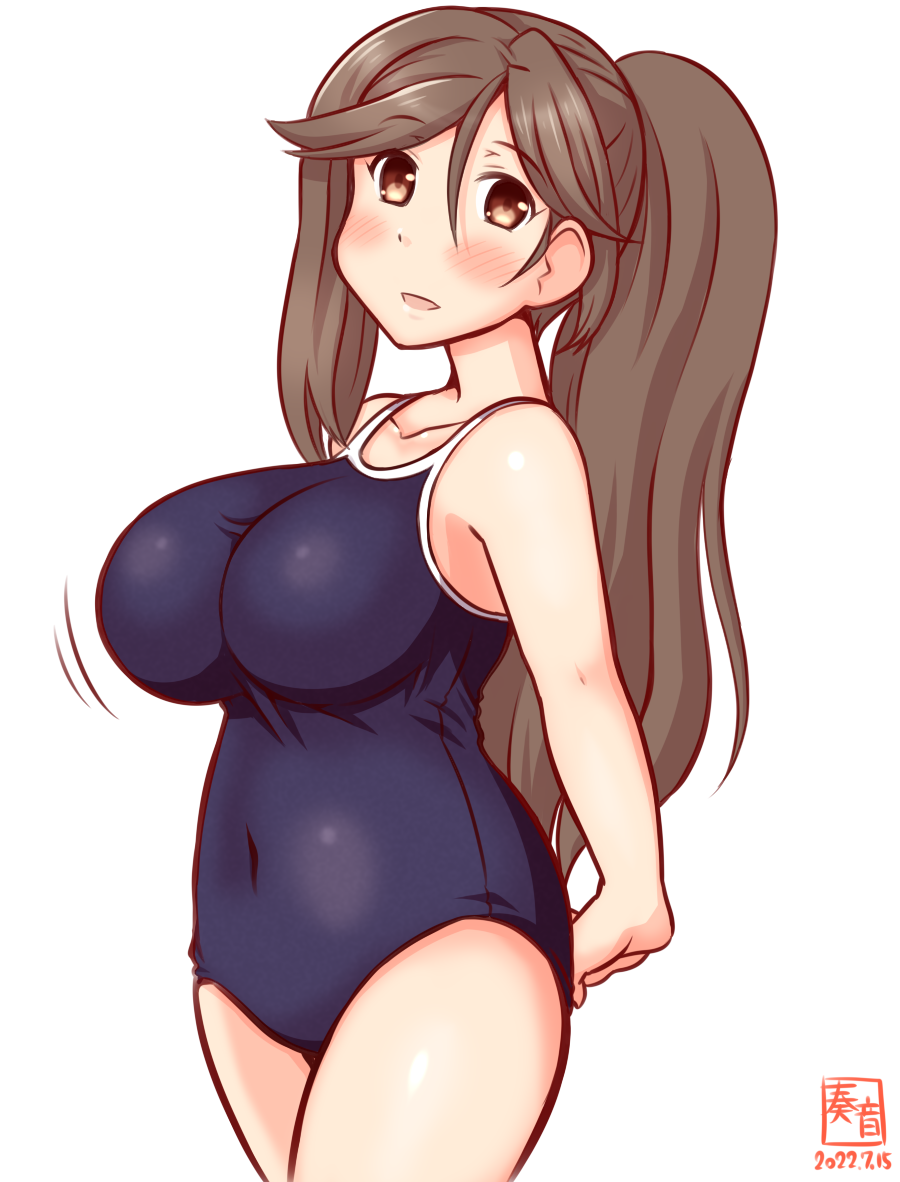 amagi_(kantai_collection) artist_logo blue_swimsuit bouncing_breasts breasts brown_eyes brown_hair competition_school_swimsuit cowboy_shot dated female high_ponytail kanon_(kurogane_knights) kantai_collection large_breasts long_hair one-hour_drawing_challenge ponytail school_swimsuit simple_background solo standing swimsuit white_background wide_ponytail