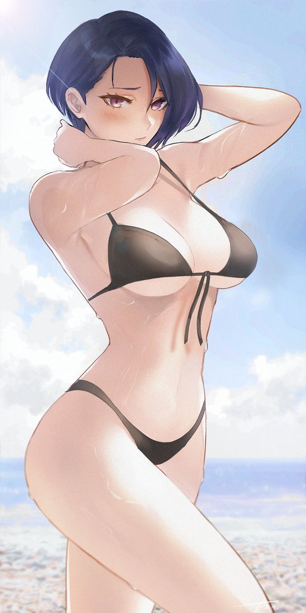 1girls, alternate costume, arms up, beach, big breasts, bikini, black bikini, black swimsuit, blue hair, blush, breasts, cleavage, closed mouth, cloud, dark blue hair, english commentary, female, female only, fire emblem, fire emblem: three houses, highres, looking at viewer, nintendo, purple eyes, raised eyebrows, shamir nevrand, short hair, sky, solo, strap gap, swimsuit, thighs, tommy (kingdukeee), wet