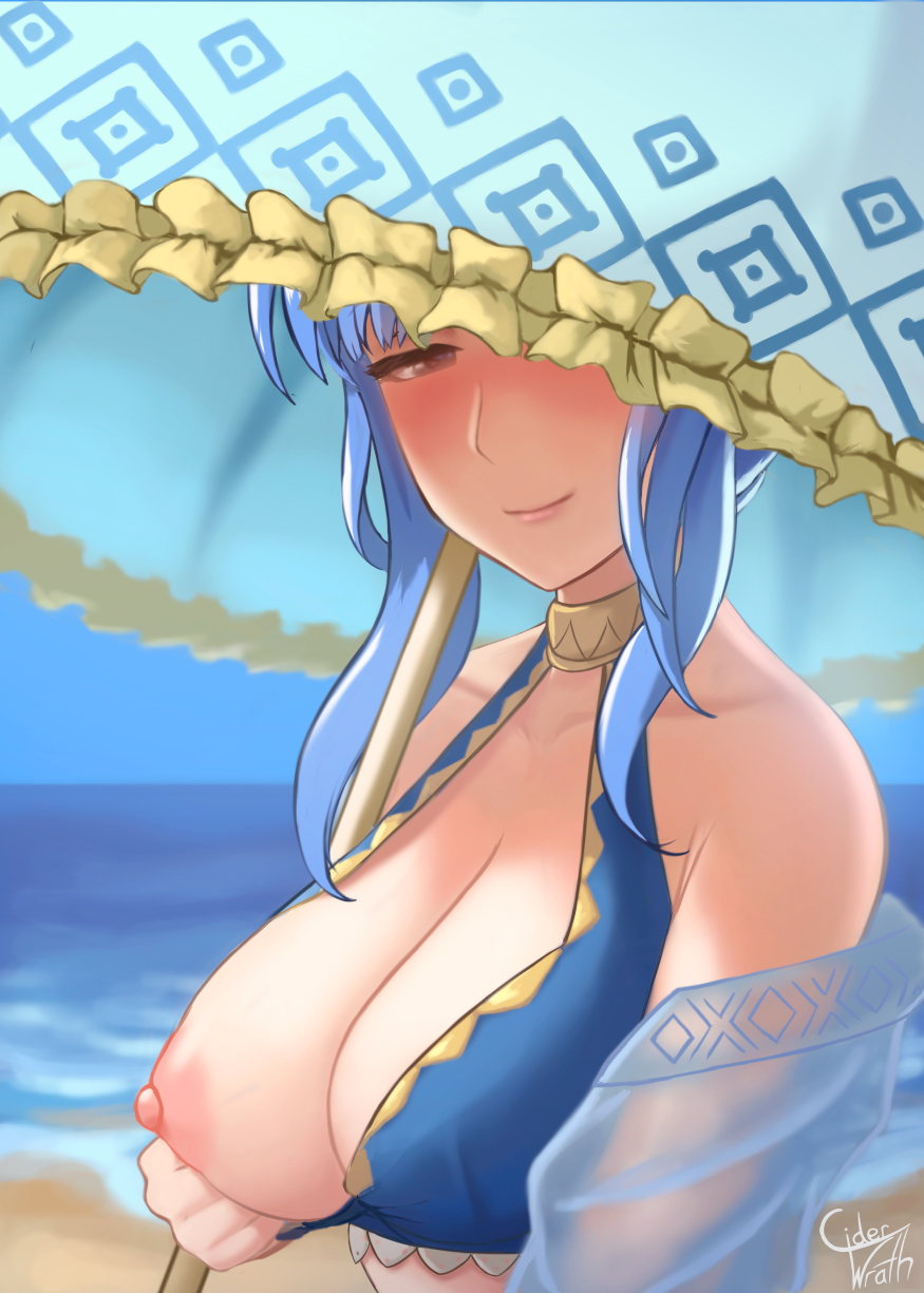 1girls, alternate costume, bangs, bare shoulders, beach, bikini, blue bikini, blue hair, blue swimsuit, blush, breasts, breasts out, brown eyes, ciderwrath, cleavage, collarbone, covering, detached sleeves, female, female only, fire emblem, fire emblem heroes, fire emblem: three houses, flashing, heavy blush, large breasts, light blue hair, looking at viewer, marianne von edmund, marianne von edmund (summer), nintendo, nipples, ocean, official alternate costume, one breast out, outdoors, parasol, see-through, short hair, shoulders, shy, shy smile, smile, solo, swimsuit, teasing, umbrella