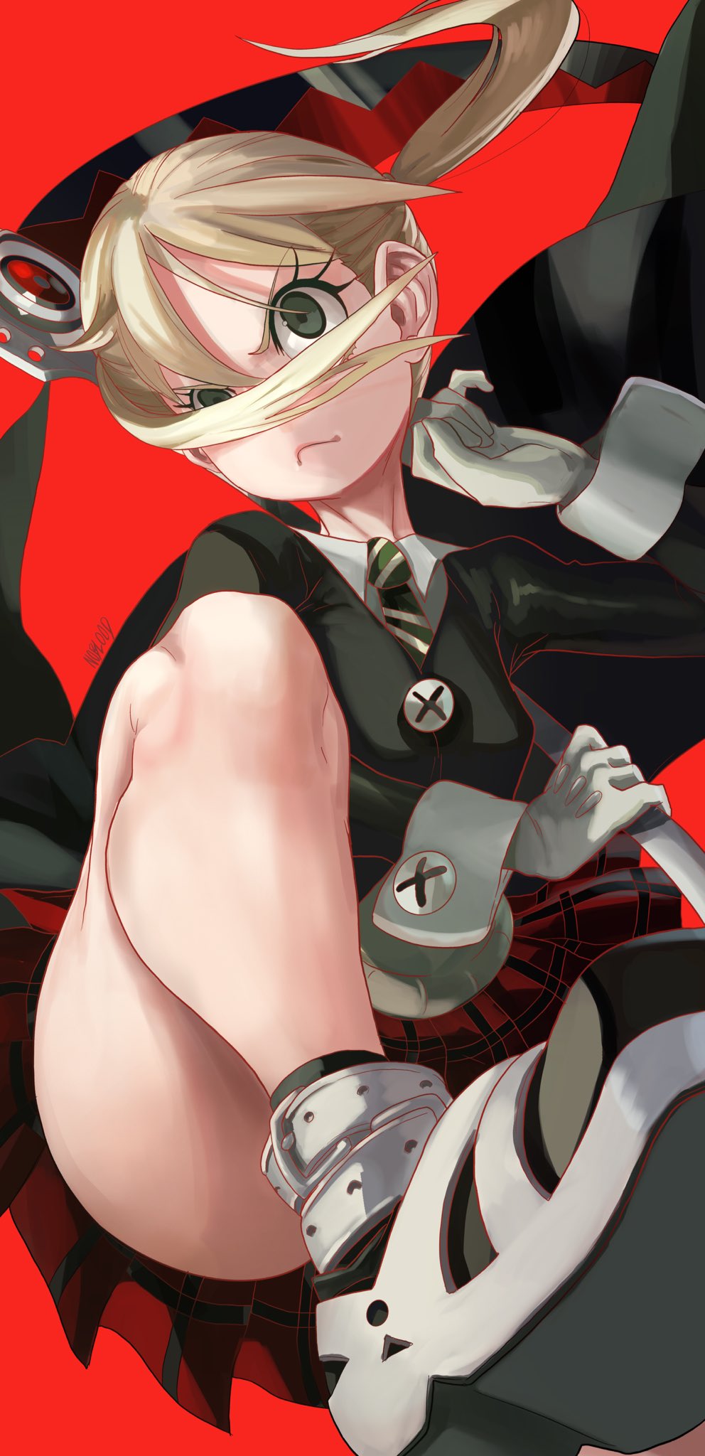 accidental exposure, ass, big ass, big butt, bubble ass, bubble butt, coat, fully clothed, huge ass, huge butt, lifting leg, maka albarn, no panties, noblood, school uniform, scythe, shoes, soul eater, upskirt
