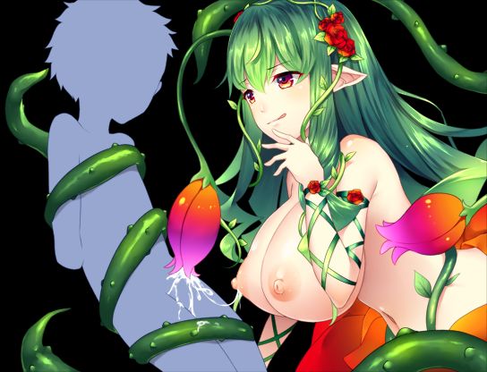 1boy arms_behind_back big_breasts breasts circussion cum eyebrows_visible_through_hair femdom flower green_hair huge_breast large_breasts lust_grimm massive_breasts monster monster_girl navel nipples plant_girl pointy_ears