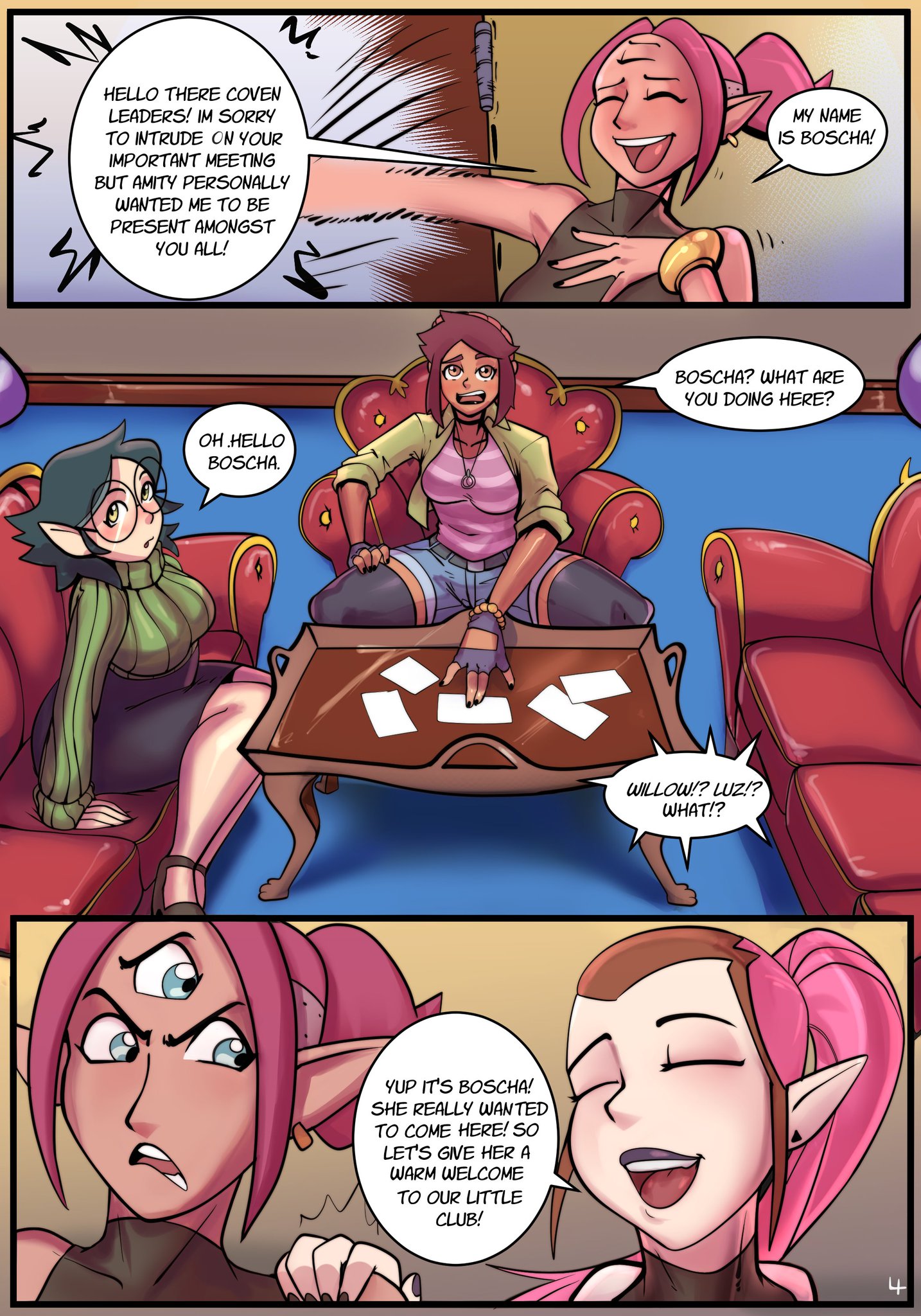 3 eyes, 4girls, amity blight, amity blight (beta), boscha, boschas initiation (comic), comic, comic page, disney, disney channel, english text, female, female only, luz noceda, luz noceda (beta), mr.jellybeans, multi eye, multiple females, multiple girls, straight hair, text, the owl house, willow park, willow park (beta)