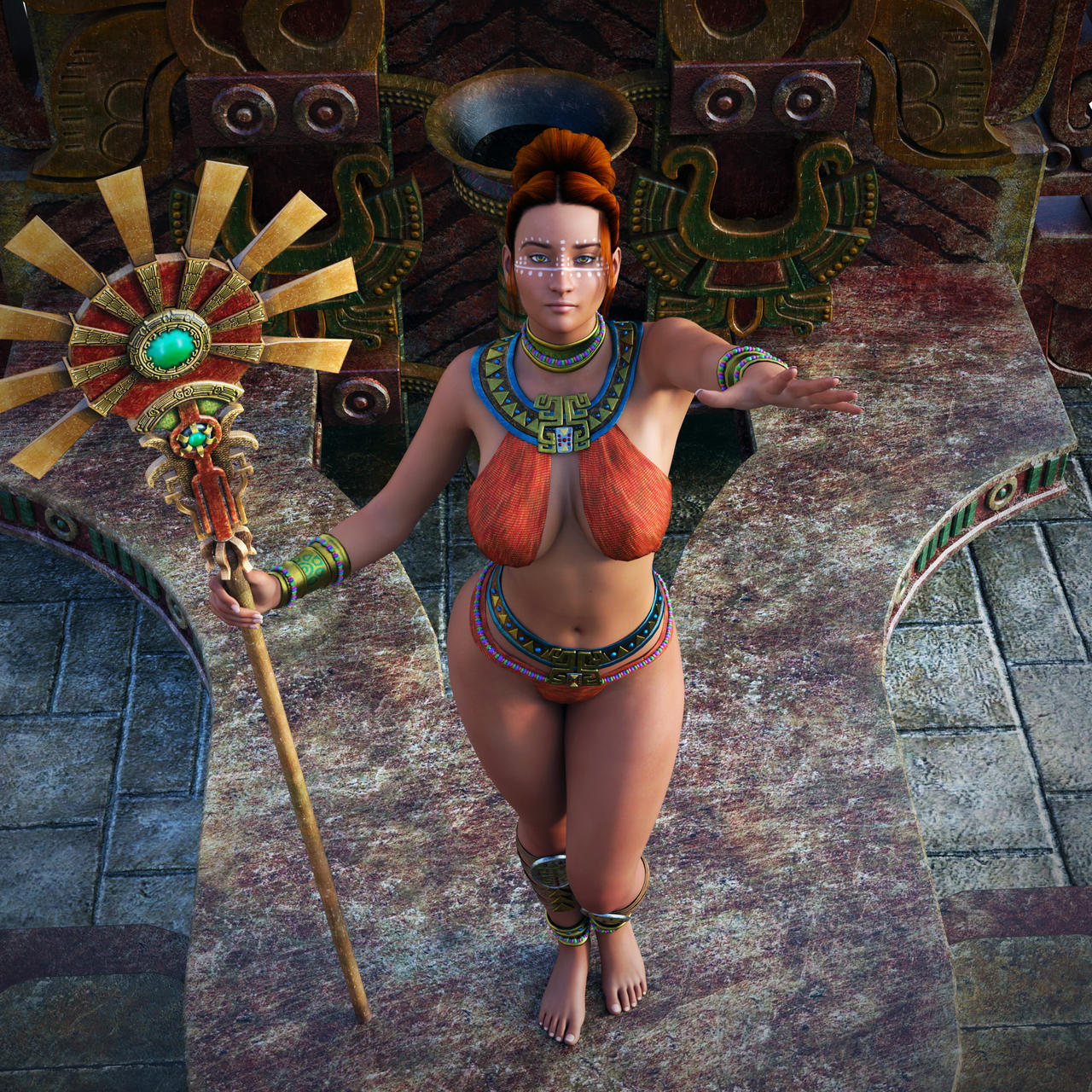 1girls 3d amber_eyes auburn_hair aztec bocas_top bracelet facial_paint large_breasts neckwear original original_character staff voluptuous xialiubei