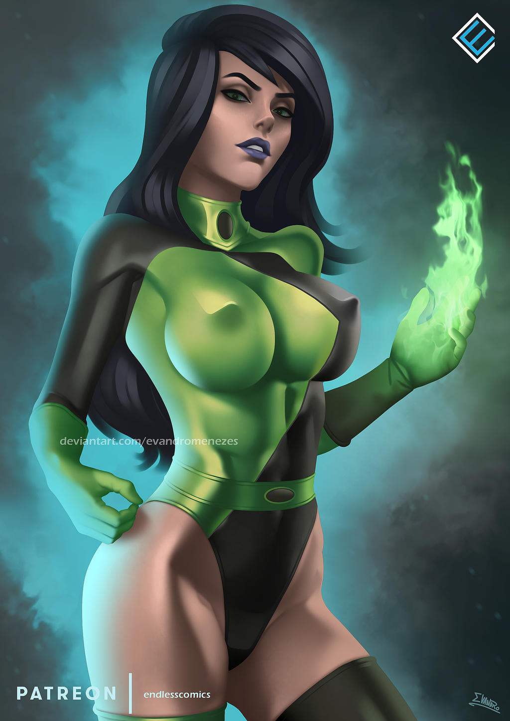 black_hair disney disney_channel erect_nipples evandromenezes green_eyes kim_possible leotard long_hair looking_at_viewer shego skin_tight thighhighs voluptuous