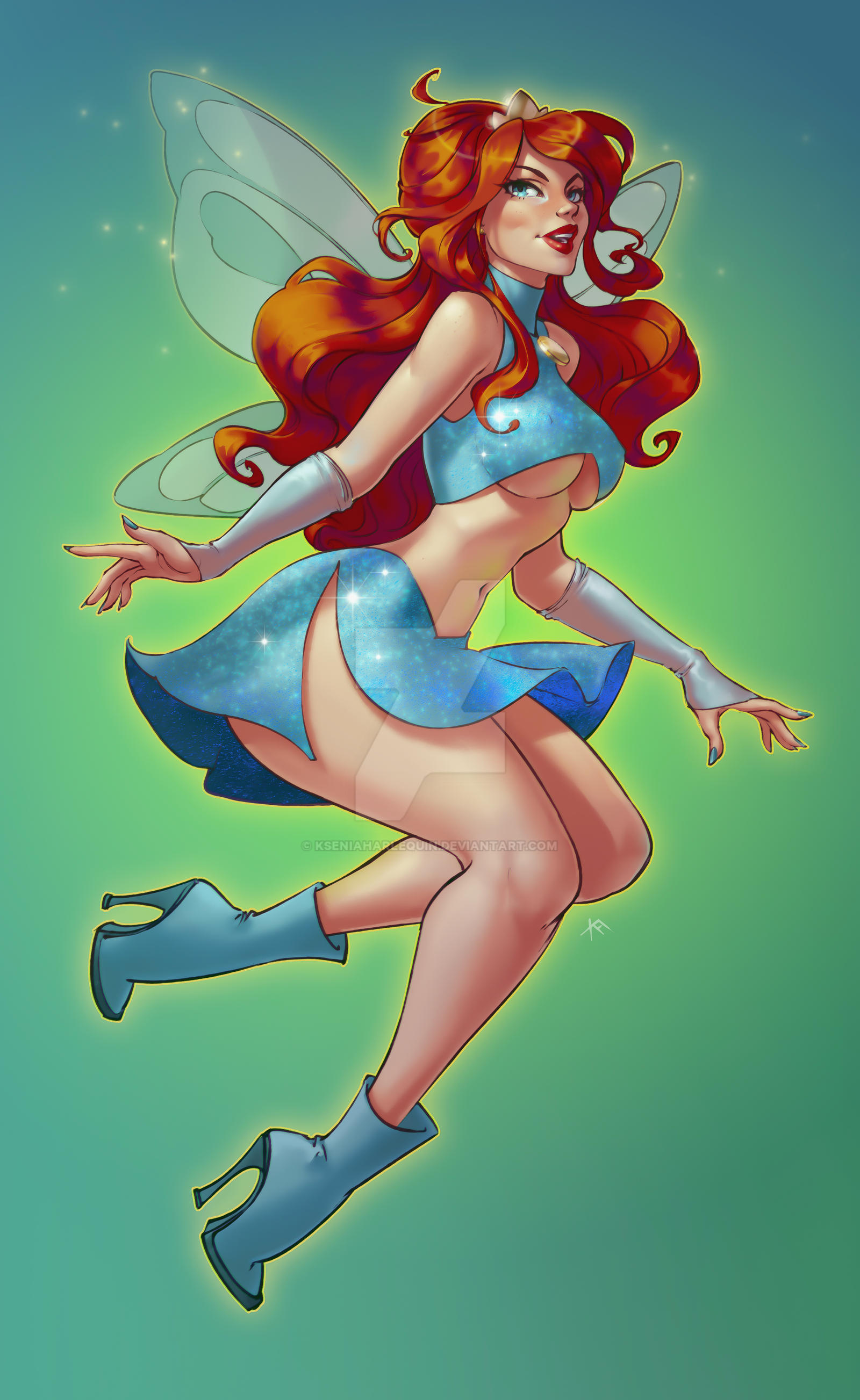 1girls, bloom (winx club), blue eyes, boots, breasts, charmix, deviantart watermark, fairy, fairy wings, female, female only, fit, fit female, flying, high heel boots, high heels, kseniaharlequin, large breasts, long hair, miniskirt, orange hair, rainbow (animation studio), revealing clothes, solo, thick thighs, underboob, watermark, wings, winx club