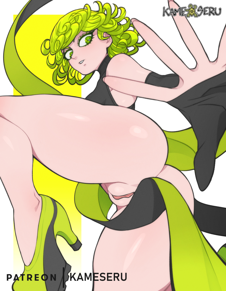 1girls, ass, big ass, big butt, bottomless, breasts, female, female only, green eyes, green hair, kameseru, looking down, no panties, one-punch man, pussy, solo, tatsumaki, thick thighs, thighs, white background