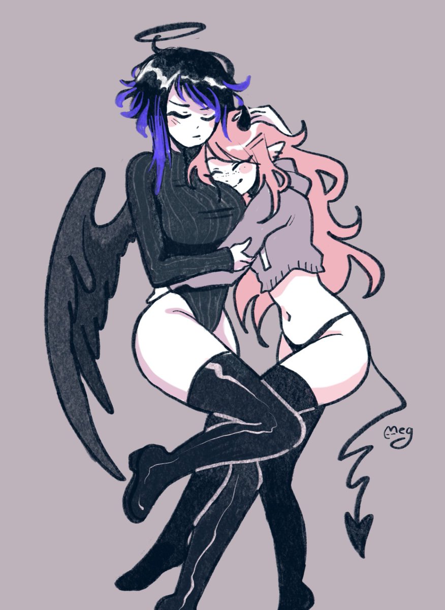 big_breasts black_hair breasts closed_eyes clothed cute embrace female female_only halo horns hug june_(megrocks) kaina_(megrocks) large_breasts long_hair megrocks original original_character pink_hair purple_hair smile succubus succubus_horns succubus_tail thigh_boots two_tone_hair wholesome wings yuri