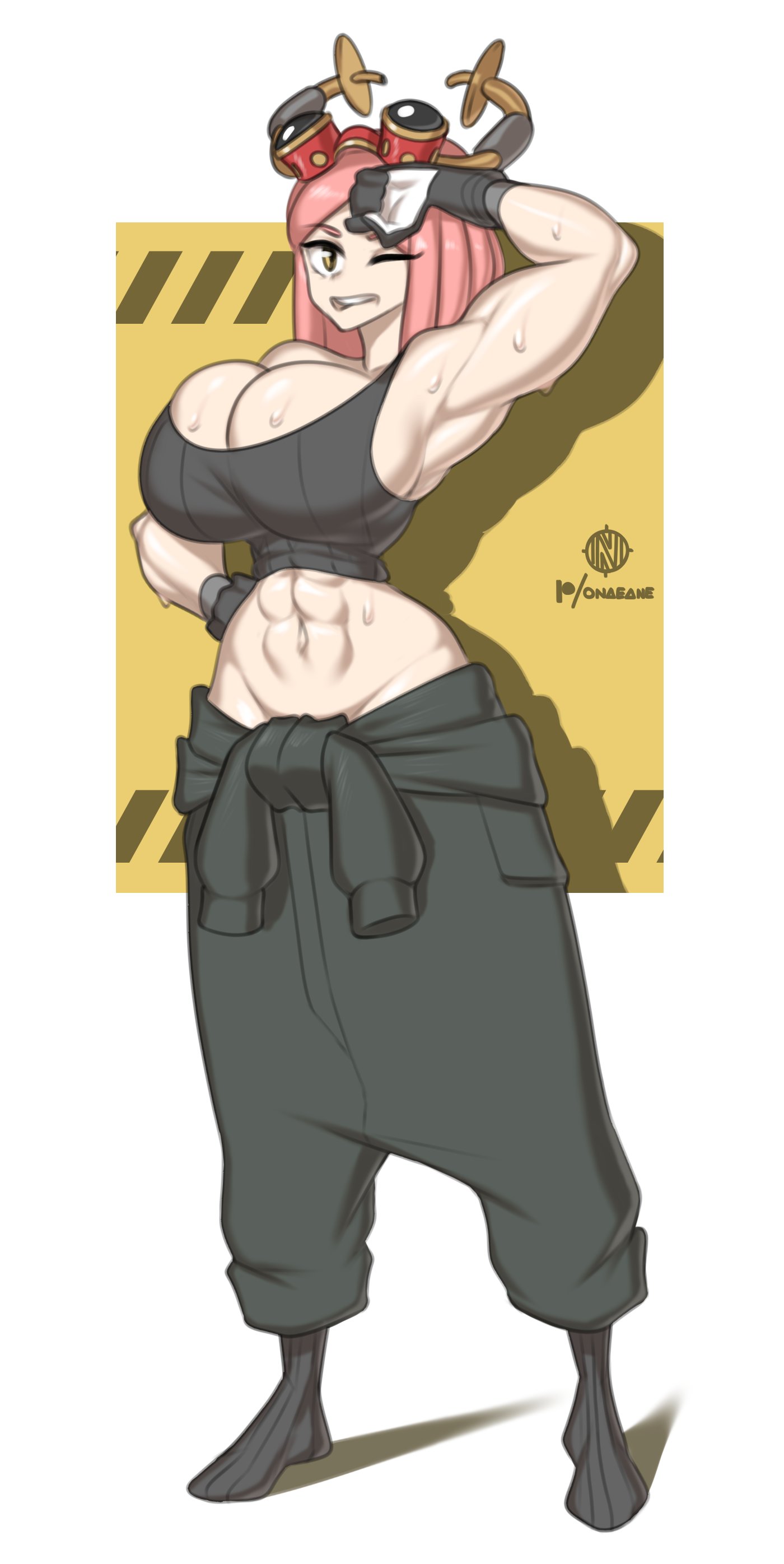 1girls, abs, big breasts, boku no hero academia, bottomwear, breasts, female, female only, full body, goggles, goggles on head, huge breasts, mei hatsume, muscles, muscular, muscular female, my hero academia, onaeane, one eye closed, pink hair, solo, solo female, sweat, sweatdrop, topwear, yellow eyes