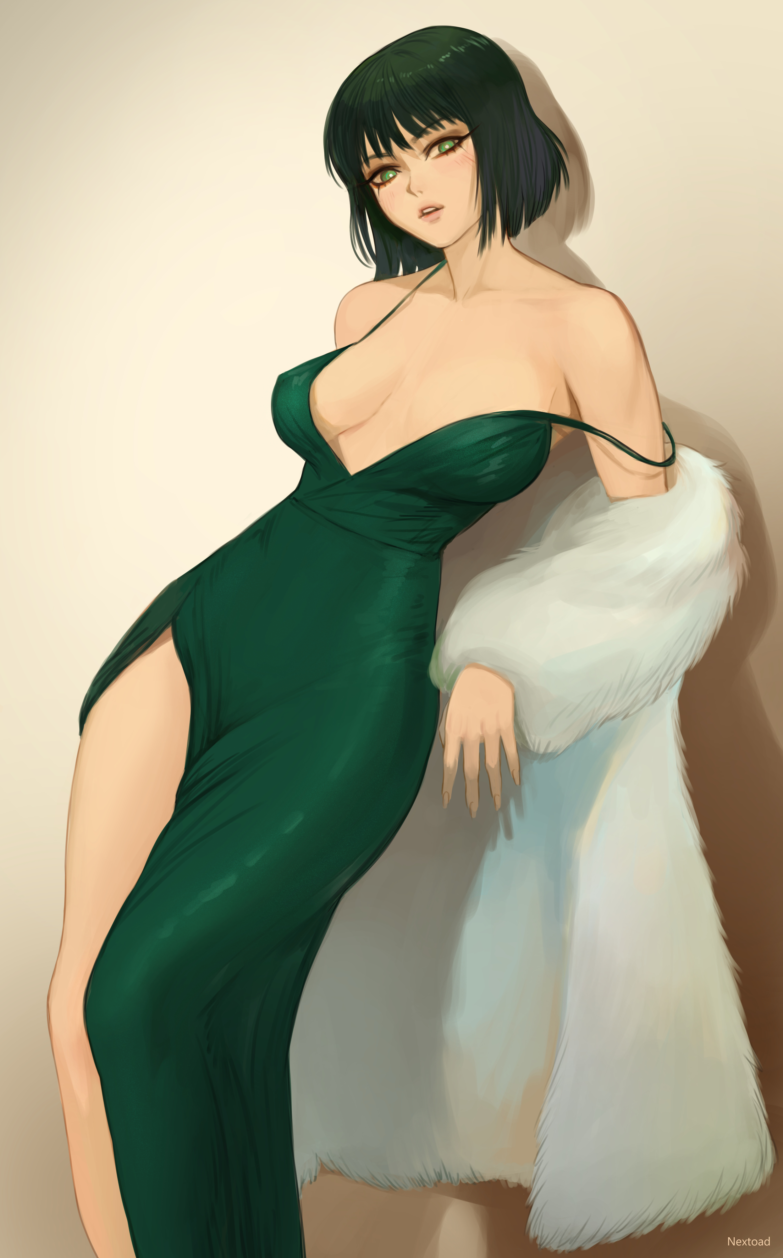 1girls, absurd res, against wall, bare shoulders, big breasts, blush, bob cut, breasts, cleavage, clothed, clothing, coat, collarbone, covered nipples, curvaceous, curvy, curvy body, curvy female, curvy figure, dark green hair, dark hair, dress, exposed thighs, eye contact, eyelashes, female, female focus, female only, front view, fubuki (one-punch man), green dress, green eyes, green hair, heroine, highres, hips, legs, legs together, light skin, light-skinned female, lips, lipstick, long dress, long skirt, looking at viewer, medium hair, nextoad, nipple bulge, no bra, one-punch man, open mouth, seductive, seductive eyes, seductive look, seductive mouth, short hair, slim, slim waist, solo, solo female, solo focus, standing, strap slip, thick thighs, thighs, thin waist, voluptuous, waist, wide hips