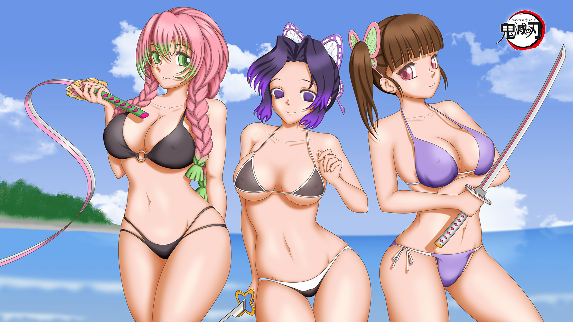 3girls, alternate costume, beach, big breasts, bikini, black bikini, braided hair, breasts, brown hair, brown-haired female, butterfly hair ornament, cleavage, dark hair, demon slayer, female, green eyes, hourglass figure, kanroji mitsuri, katana, kimetsu no yaiba, kochou shinobu, long hair, looking at viewer, medium breasts, nipple bulge, pink eyes, pink hair, pink-haired female, ponytail, purple bikini, purple eyes, purple hair, purple-haired female, shien (artist), side ponytail, smile, swimsuit, sword, thigh gap, tsuyuri kanao, two-tone hair, underboob, water, wide hips
