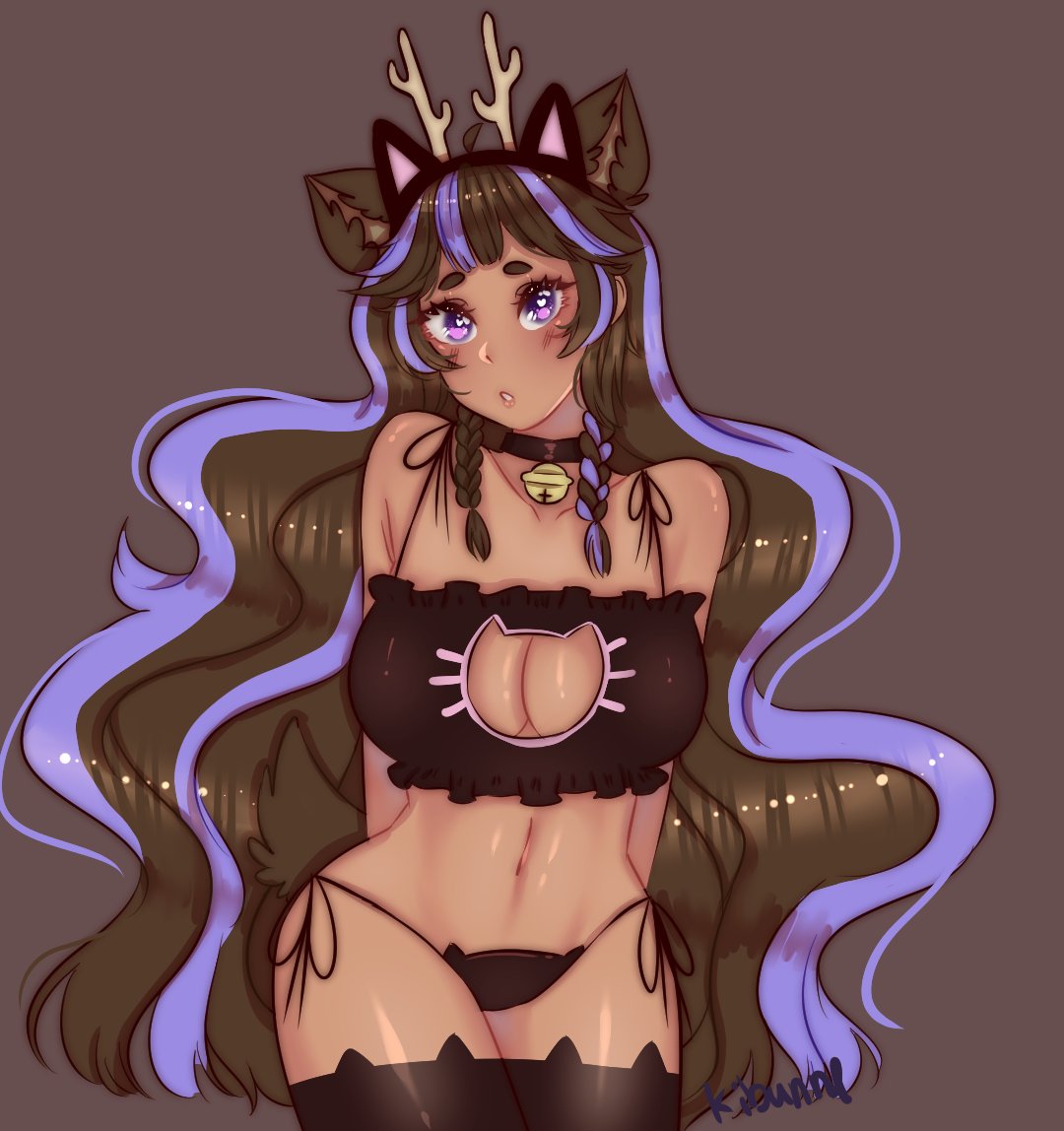 antlers choker dark-skinned_female dark_skin deer_girl kissbruised lingerie long_hair multicolored_hair purple_eyes stockings