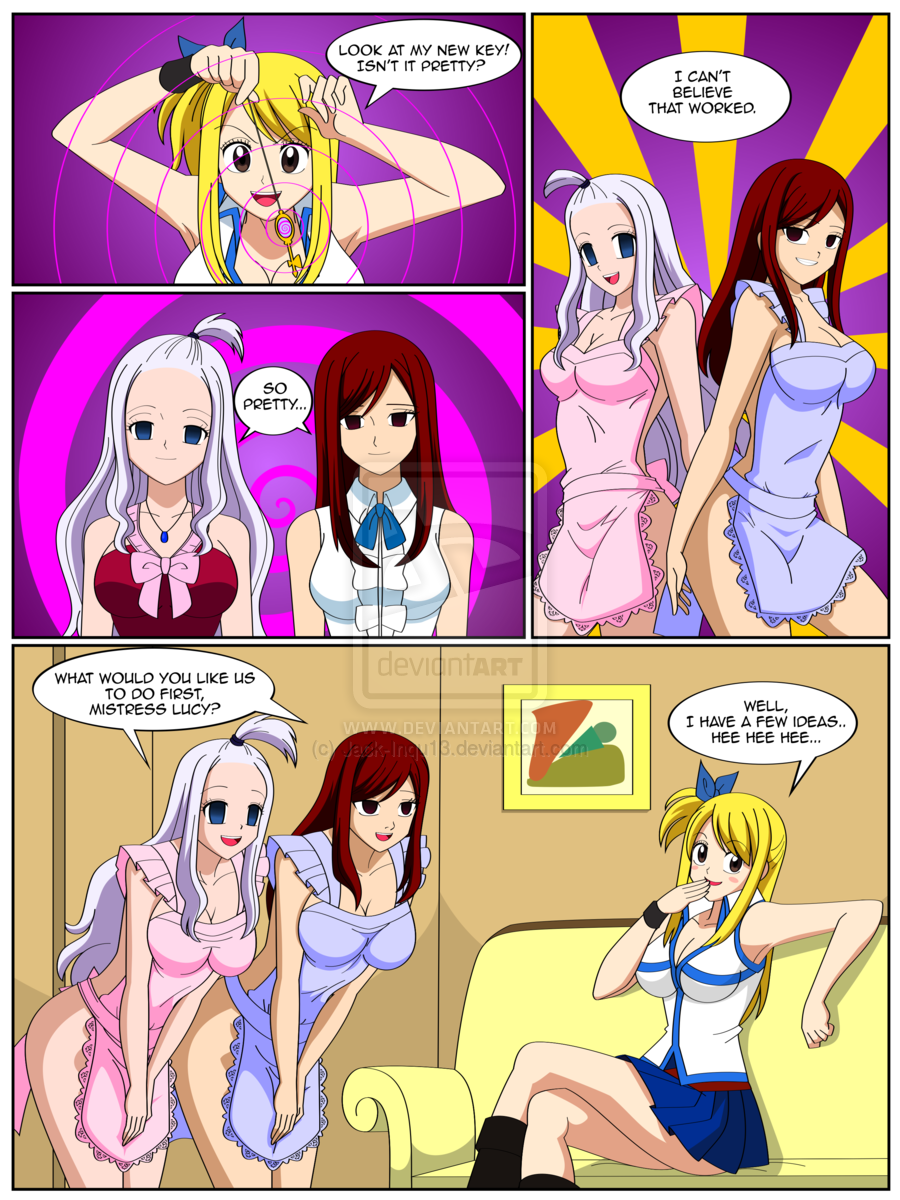 3girls apron blonde_hair blue_eyes blush boots breasts brown_eyes couch empty_eyes erza_scarlet fairy_tail femdom happy_trance highres hypnosis jewelry jimryu key large_breasts long_hair lucy_heartfilia mind_control mirajane_strauss multiple_girls naked_apron pendant pendulum red_eyes red_hair tagme white_hair