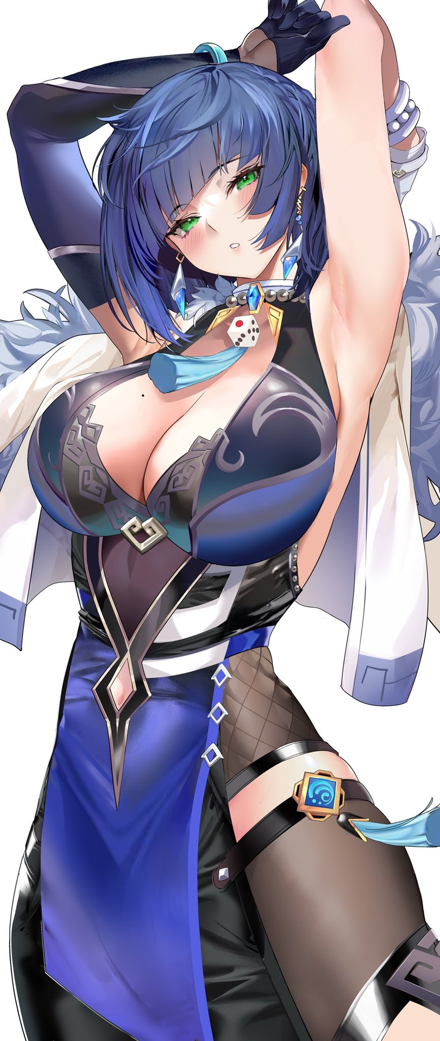 1girls armpits arms_up big_breasts breasts cleavage dress female genshin_impact marushin marushin_(denwa0214) solo tagme yelan_(genshin_impact)