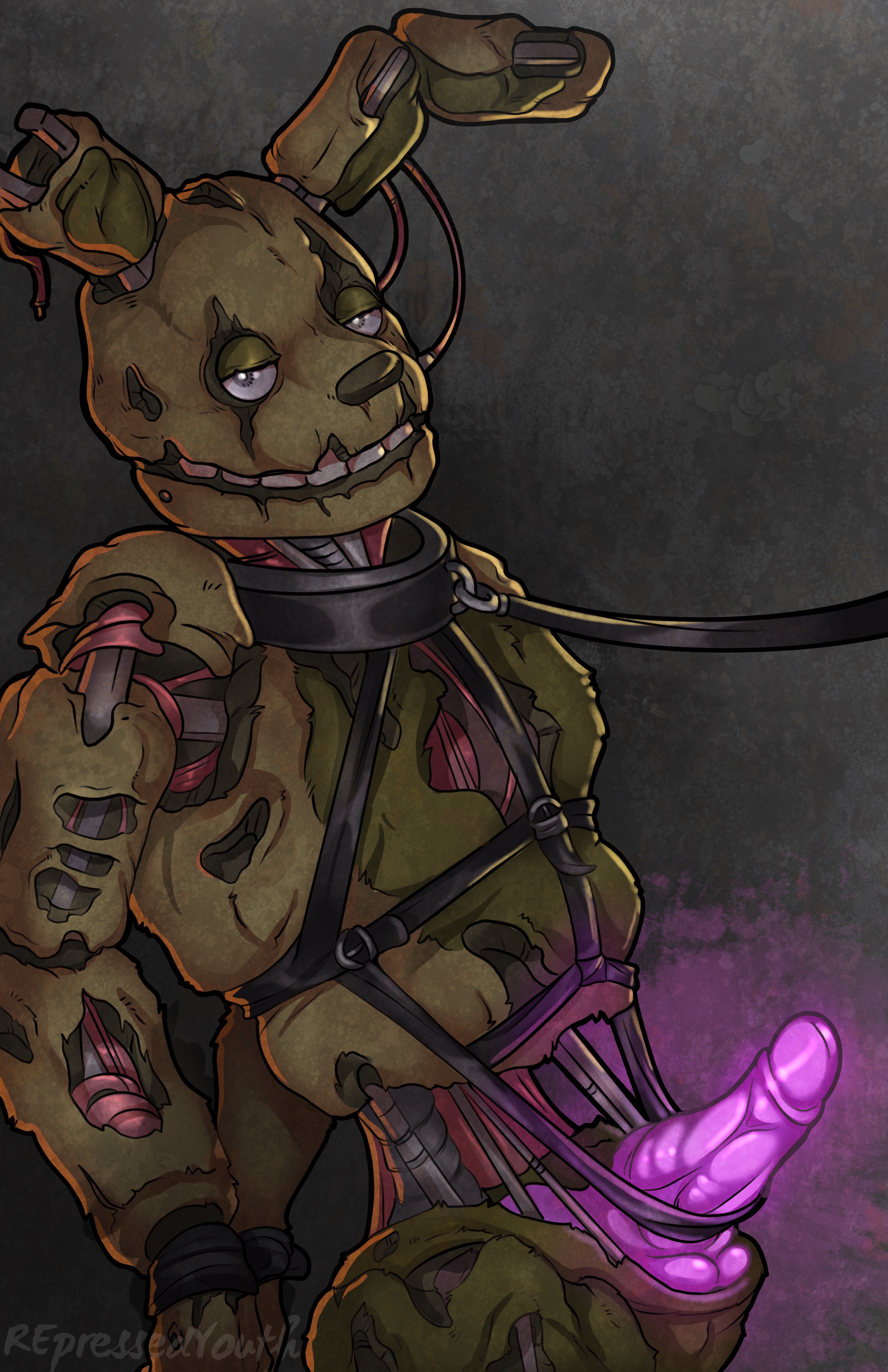 1boy, animatronic, anthro, bondage, bunny, bunny ears, bunnysuit, collar, erection, five nights at freddy's, five nights at freddy's 3, glowing, glowing penis, leash, leather bondage, looking at another, male, male only, penis, penis out, purple penis, repressed youth, robot, seductive look, solo, solo focus, springtrap, springtrap (fnaf)