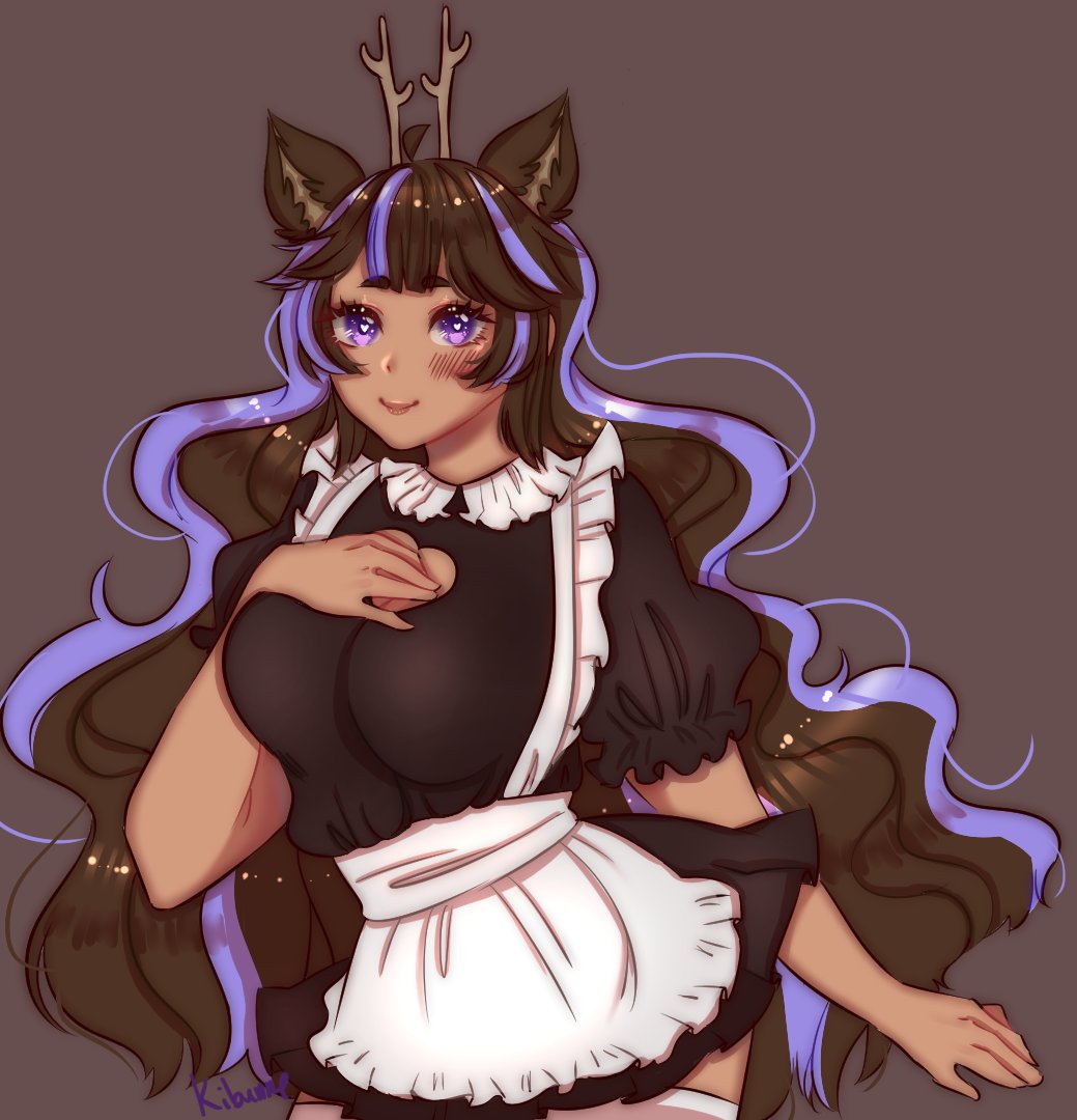 antlers big_breasts dark-skinned_female dark_skin deer_girl female_only kissbruised long_hair maid_uniform multicolored_hair purple_eyes stockings thin_waist