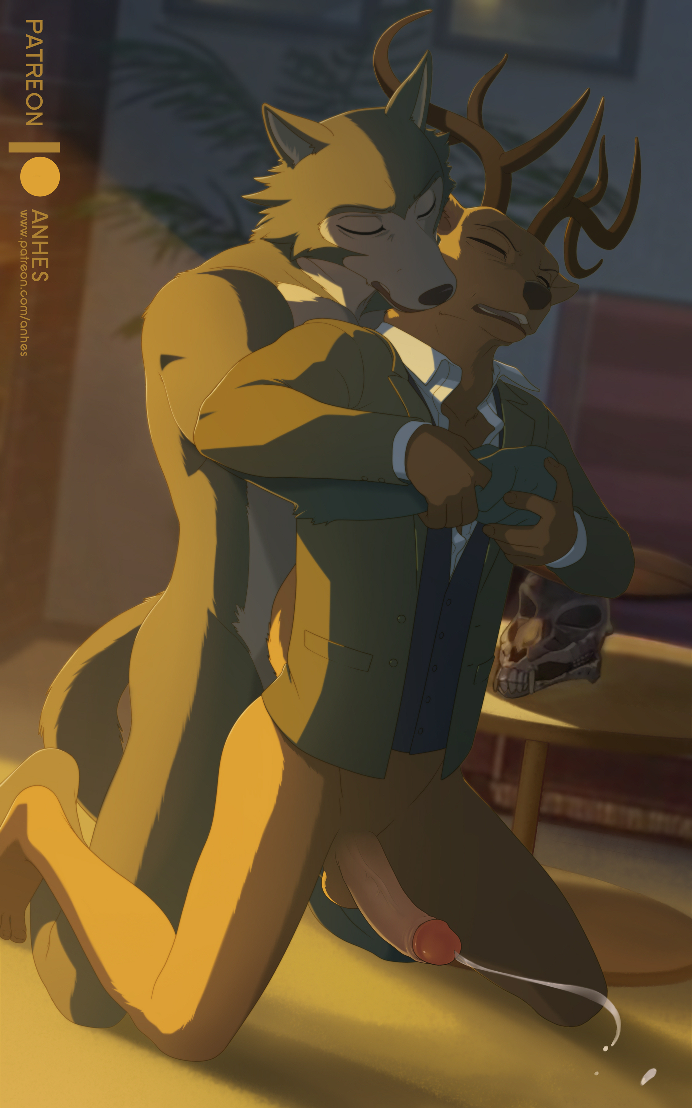 2022, 2boys, anal, anal sex, anhes, anthro, anthro on anthro, ass, balls, beastars, closed eyes, cum, cumshot, deer, erection, from behind, from behind position, furry, furry only, gay, grey fur, hi res, hugging, legoshi (beastars), louis (beastars), male, male only, male/male, penetration, penis, pleasure face, predator, predator/prey, prey, red fur, school uniform, tail, wolf