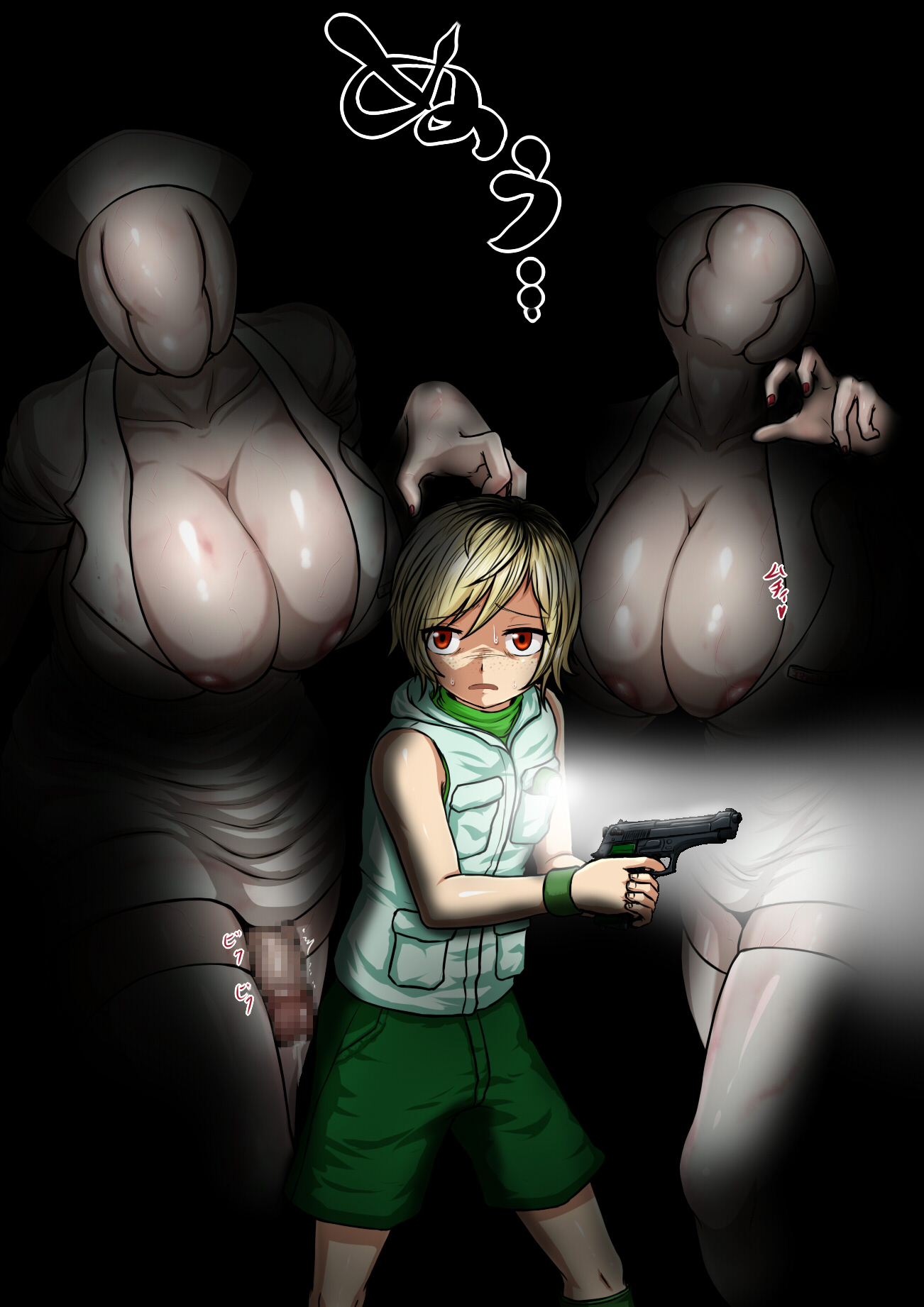 1boy, 1futa, 1girls, 2d, 2d (artwork), areola slip, big breasts, big penis, blood stain, bottomless, breasts, bubble head nurse, bursting breasts, censored, cleavage, clothed, clothing, creepy, faceless female, female, firearm, flaccid, fully clothed, futanari, genderswap, genderswap (ftm), grey body, grey skin, gun, handgun, heather mason, height difference, horror, huge breasts, human, humanoid, humanoid penis, intersex, kurarensuu, larger female, larger futa, light skin, light-skinned male, male, male heather, massive breasts, monster, monster girl, mosaic censoring, mostly clothed, nail polish, name tag, nervous, no bra, no underwear, nurse, nurse (silent hill), nurse cap, nurse uniform, overflowing breasts, pale skin, penis, penis out, red nails, rule 63, shadow, silent hill, silent hill 2, silent hill 3, size difference, smaller male, stained clothes, standing, thick thighs, thighhighs, veins, veiny, veiny breasts, weapon, white legwear, white thighhighs, wristwear, zettai ryouiki