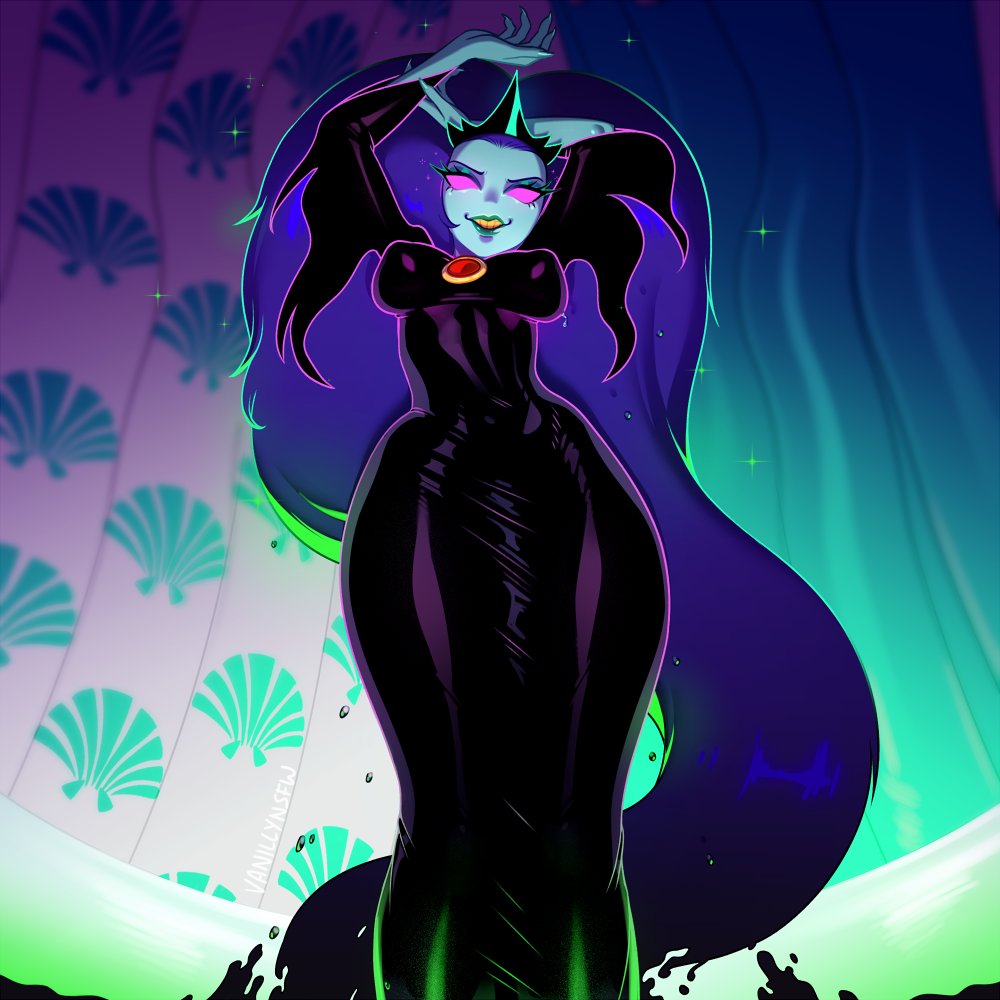 1girls big_breasts black_dress black_puddle_queen blue_hair breasts cartoon_network courage_the_cowardly_dog curvy female glowing_eyes hourglass_figure long_hair looking_down pink_eyes smile solo underboob vanilly very_long_hair worm's-eye_view