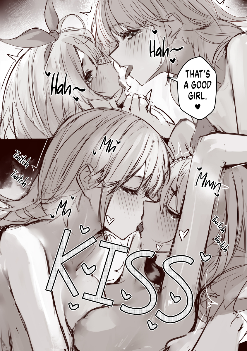 2girls, big breasts, blush, bow, breasts, crossover, english text, female, female only, french kiss, french kissing, hand on chin, hololive, hololive english, hololive myth, kissing, large breasts, lesbian sex, long hair, making out, medium breasts, multiple females, multiple girls, naokomama, nijisanji, nijisanji en, pomu rainpuff, takanashi kiara, text, tied hands, tied up, virtual youtuber, vtuber, yuri