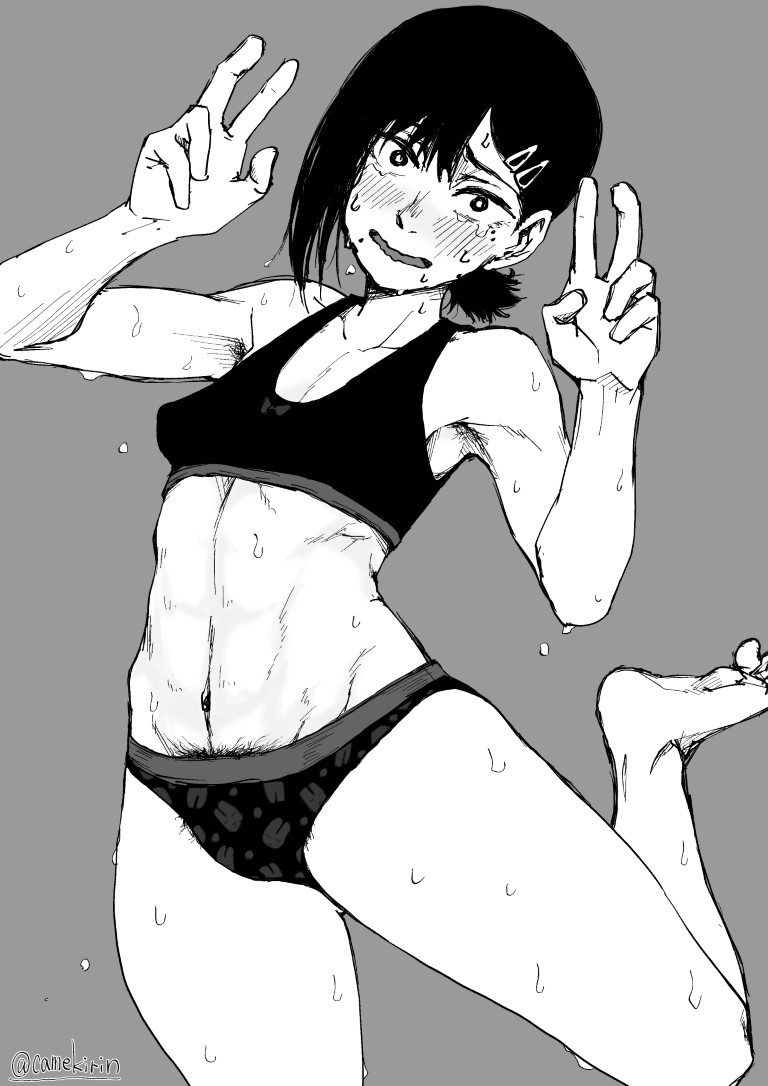 abs armpit_hair armpits black_and_grey_panties black_bra black_panties blush camekirin chainsaw_man clothing fit_female higashiyama_kobeni lingerie looking_at_viewer mole monochrome panties panty_waistband peace_sign pose print_panties pubic_hair pubic_hair_peek small_breasts sports_bra sweat underwear