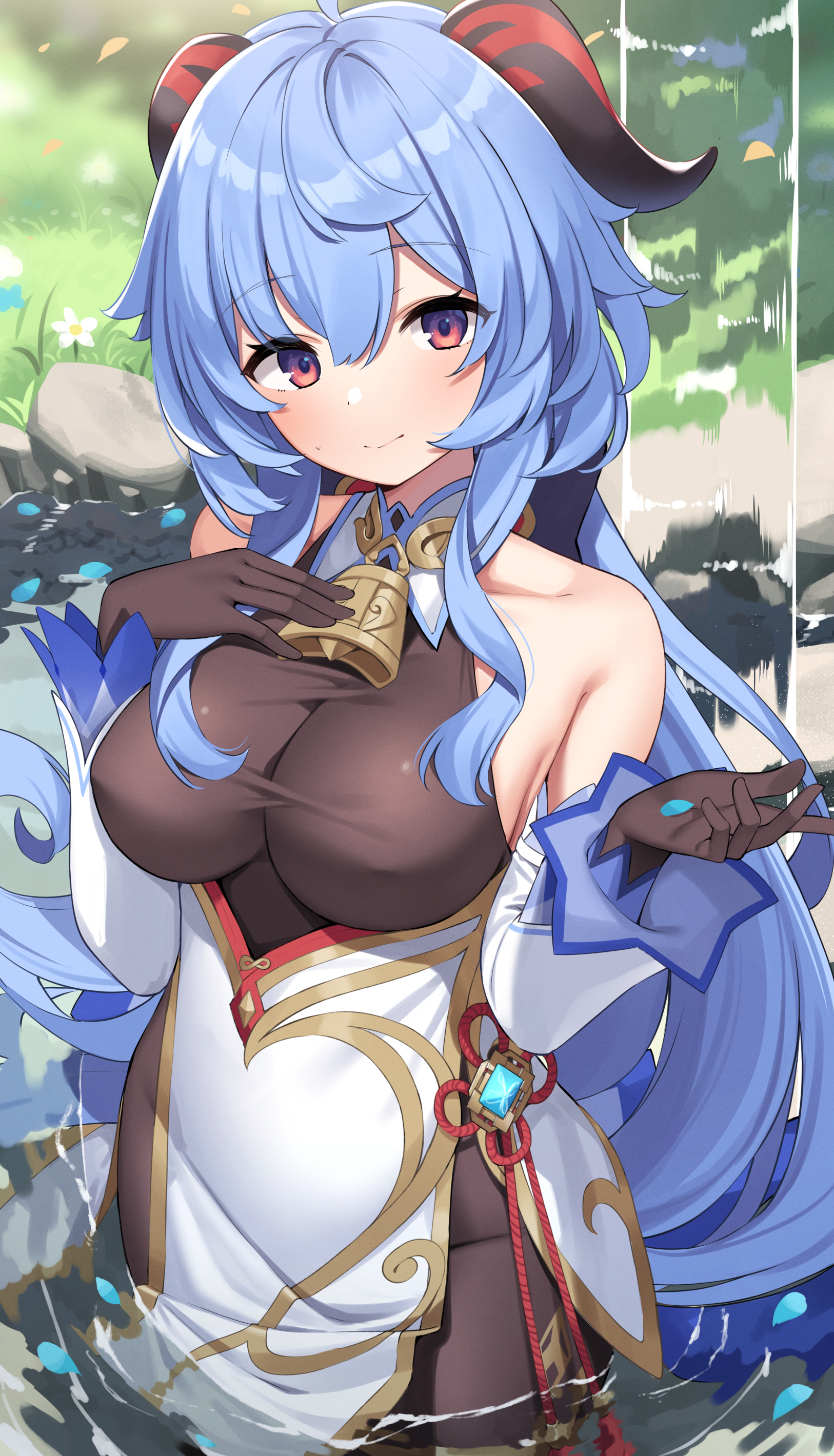 bell, bell collar, big breasts, blue hair, breasts, cowbell, female, ganyu (genshin impact), genshin impact, gloves, goat horns, hips, horns, in water, large breasts, shoulders, smile, tagme (artist), thick, wet, wide hips