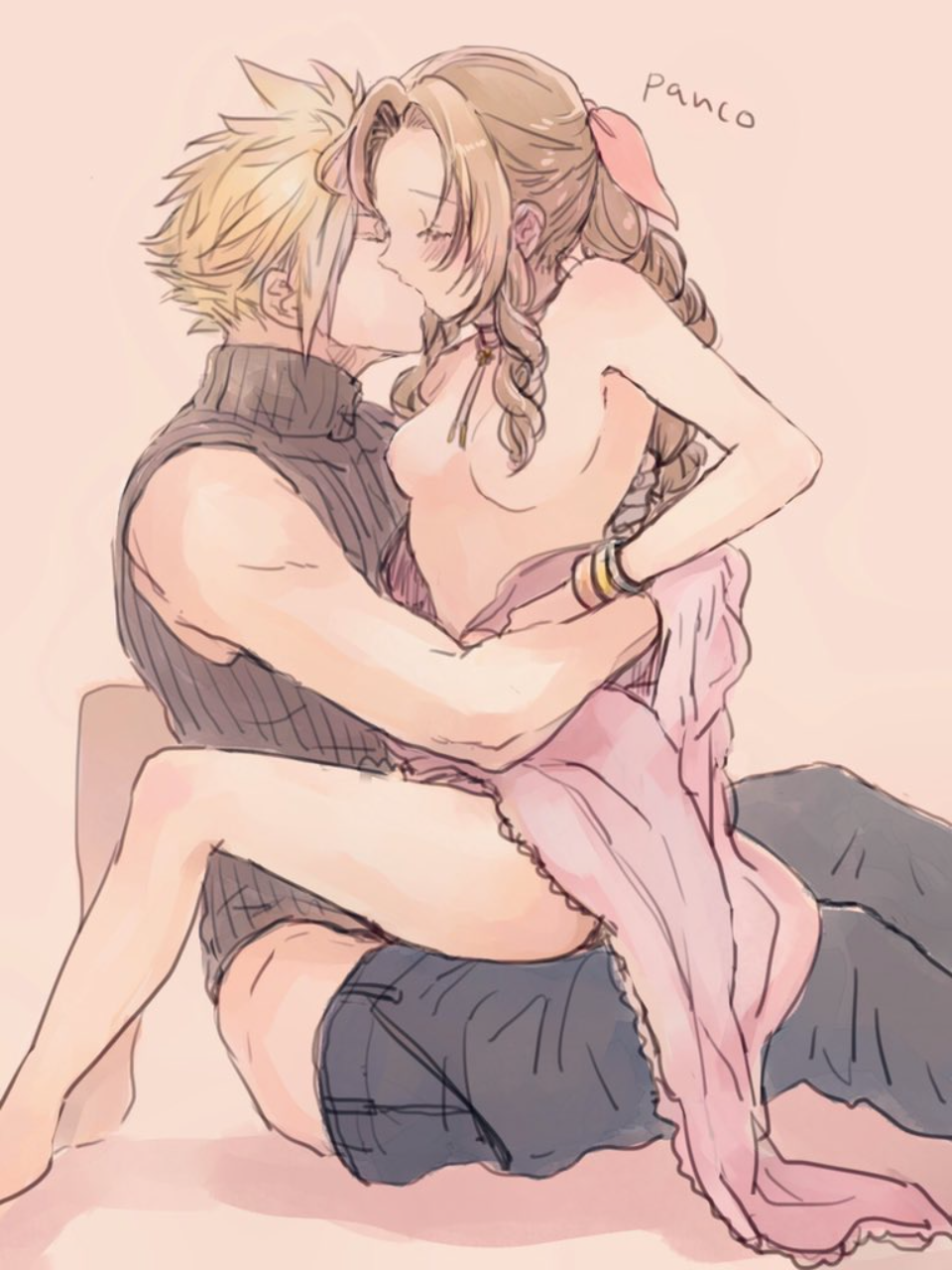 1boy aerith_gainsborough ancotsubu arm_around_waist artist_name bangle bare_legs bare_shoulders barefoot blonde_hair blue_pants blue_shirt blush bracelet braid braided_ponytail breasts brown_hair choker cleavage closed_eyes clothes_pull cloud_strife couple cowgirl_position dress female final_fantasy final_fantasy_vii final_fantasy_vii_remake hair_ribbon hand_on_another's_arm highres jewelry kissing kissing_while_penetrated light-skinned_female light-skinned_male long_dress long_hair medium_breasts open_clothes pants pants_pull parted_lips pink_dress pink_ribbon ribbon sex shirt short_hair sidelocks simple_background sitting sitting_on_lap sitting_on_person sleeveless sleeveless_turtleneck slim_waist spiked_hair straddling turtleneck upright_straddle vaginal_penetration