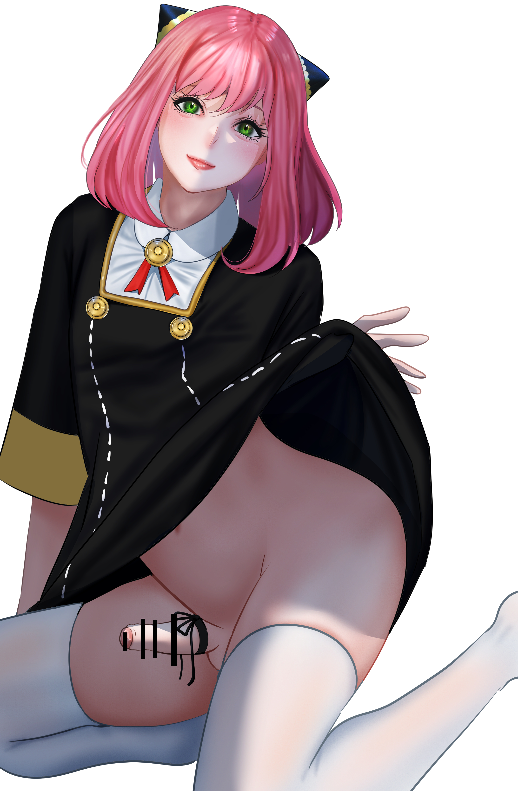 1futa, 9ierz, aged up, anya forger, balls, bar censor, censored, clothed, clothing, futa only, futanari, human, intersex, light skin, light-skinned futa, long hair, mostly clothed, penis, small penis, solo, solo futa, spy x family, thighhighs