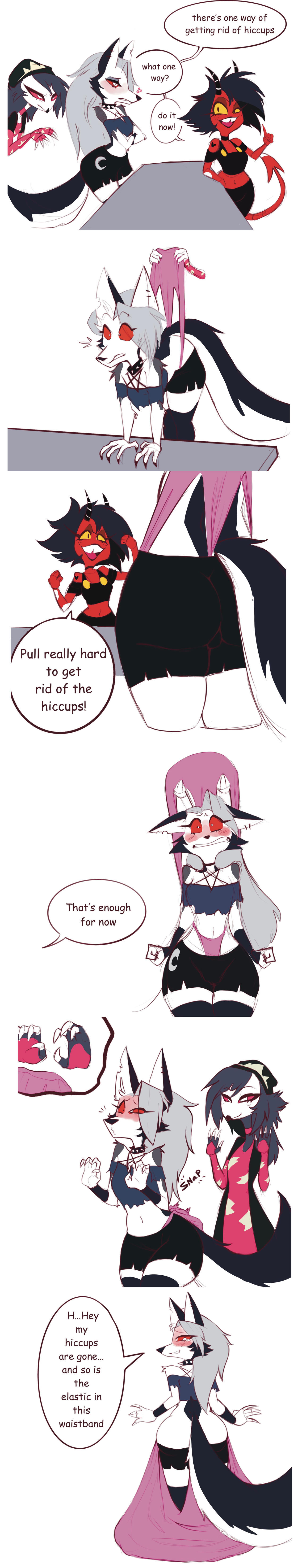 absurd res, anthro, avian, bent over, bird, blush, blush lines, bottomwear, bullying, canid, canid demon, canine, choker, clothed, clothing, clothing pull, collar, comic, demon, ear piercing, english text, female, female/female, fur, grey body, grey fur, group, hair, hellhound, helluva boss, hi res, horn, humanoid, humiliation, imp, jewelry, long image, loona (helluva boss), mammal, millie (helluva boss), necklace, octavia (helluva boss), owl, owl demon, panties, pants, panty pull, piercing, pink clothing, pink panties, pink underwear, red body, red clothing, red eyes, silver hair, stretched clothing, surprise, surprised expression, tall image, text, tight bottomwear, tight clothing, tight pants, tooth gap, trio, underwear, underwear pull, wedgie, white body, white eyes, yellow eyes