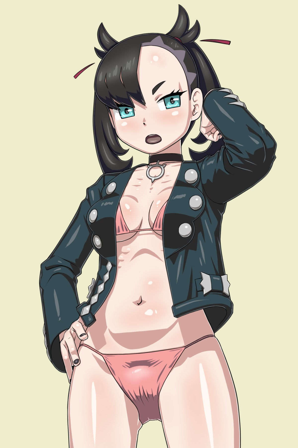 alternate_version_available bikini black_hair black_nails blue_eyes collar digital_drawing_(artwork) digital_media_(artwork) jacket looking_at_viewer marnie_(pokemon) nintendo pink_bra pink_panties pokemon pokemon_ss tsuwitchii84