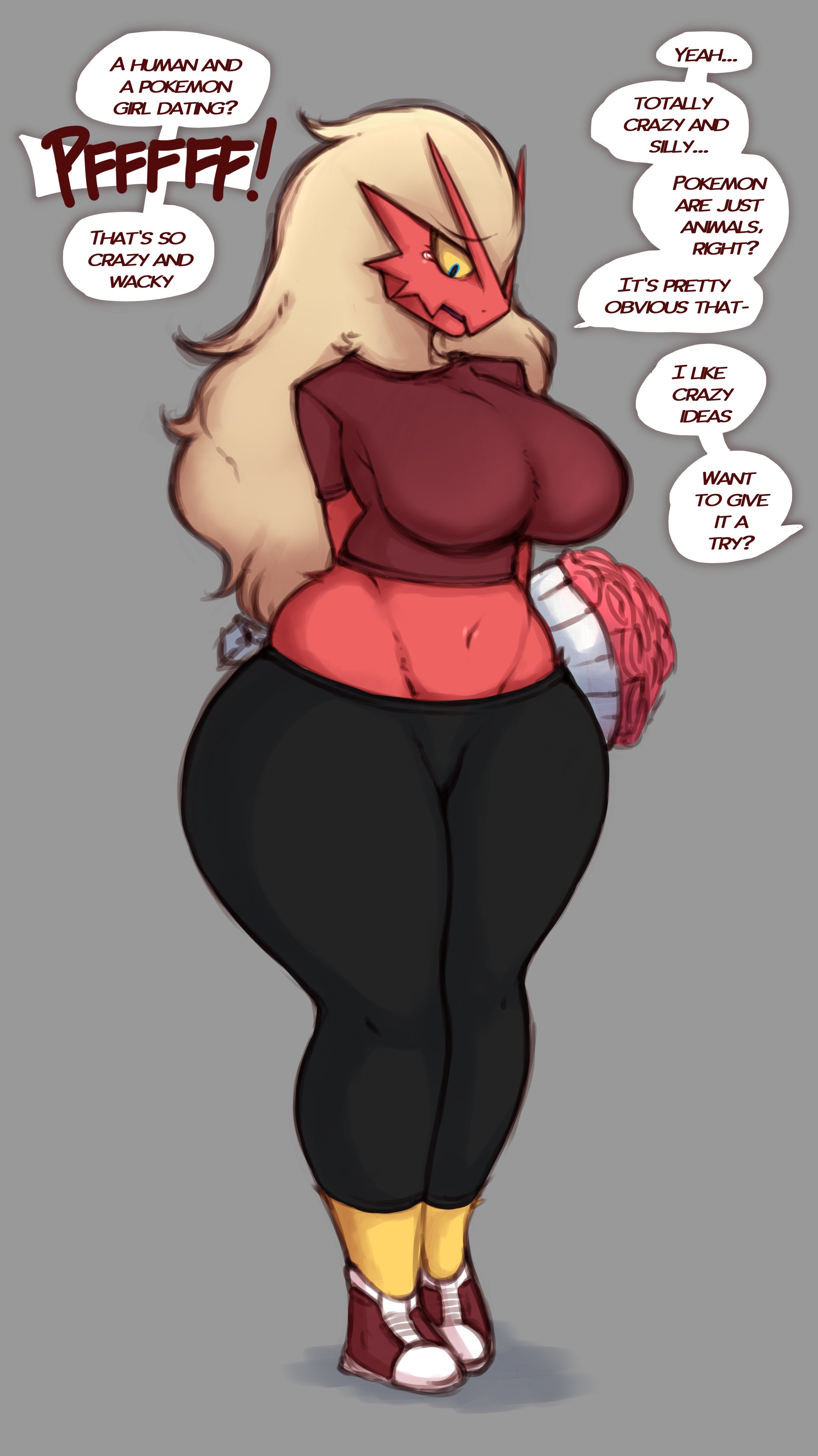 1girls, alternate version available, anthro, big breasts, blaziken, bouquet, breasts, english text, female, female only, female pokemon, flower, long hair, looking down, offscreen character, original character, pokemon, pokemon (species), pokephilia, questionably wholesome, sad, saltyxodium, shoes, short sleeves, socks, speech bubble, tears, text, text bubble, thick thighs, tight clothing, wide hips, yoga pants