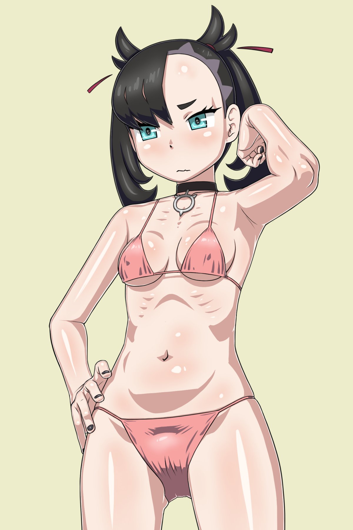 black_nails blush closed_mouth collar digital_drawing_(artwork) digital_media_(artwork) looking_to_the_side marnie_(pokemon) nintendo pink_bikini pink_bra pink_panties pokemon pokemon_ss posing tsuwitchii84